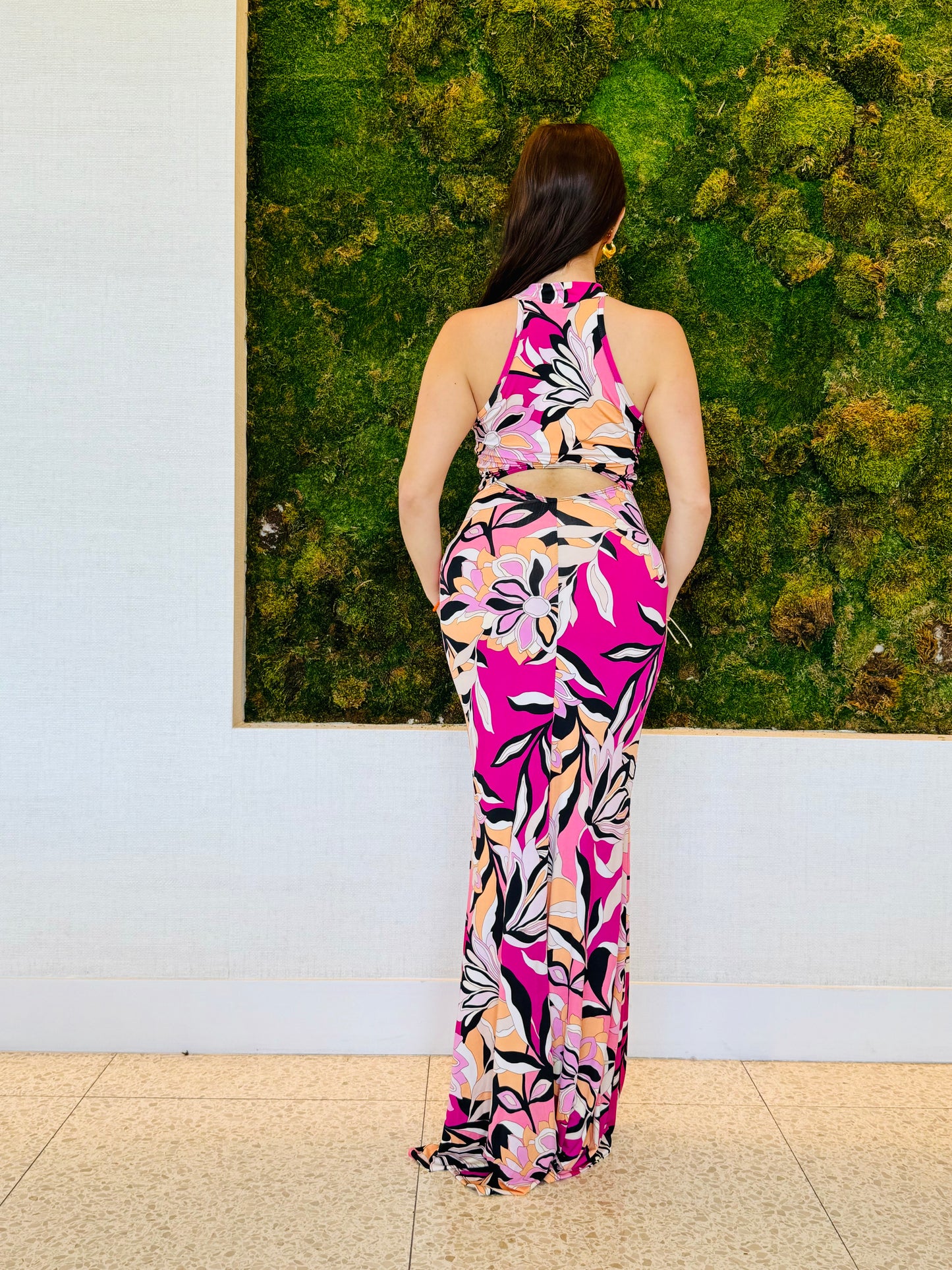 Eva black and magenta print maxi dress with peek a boo back