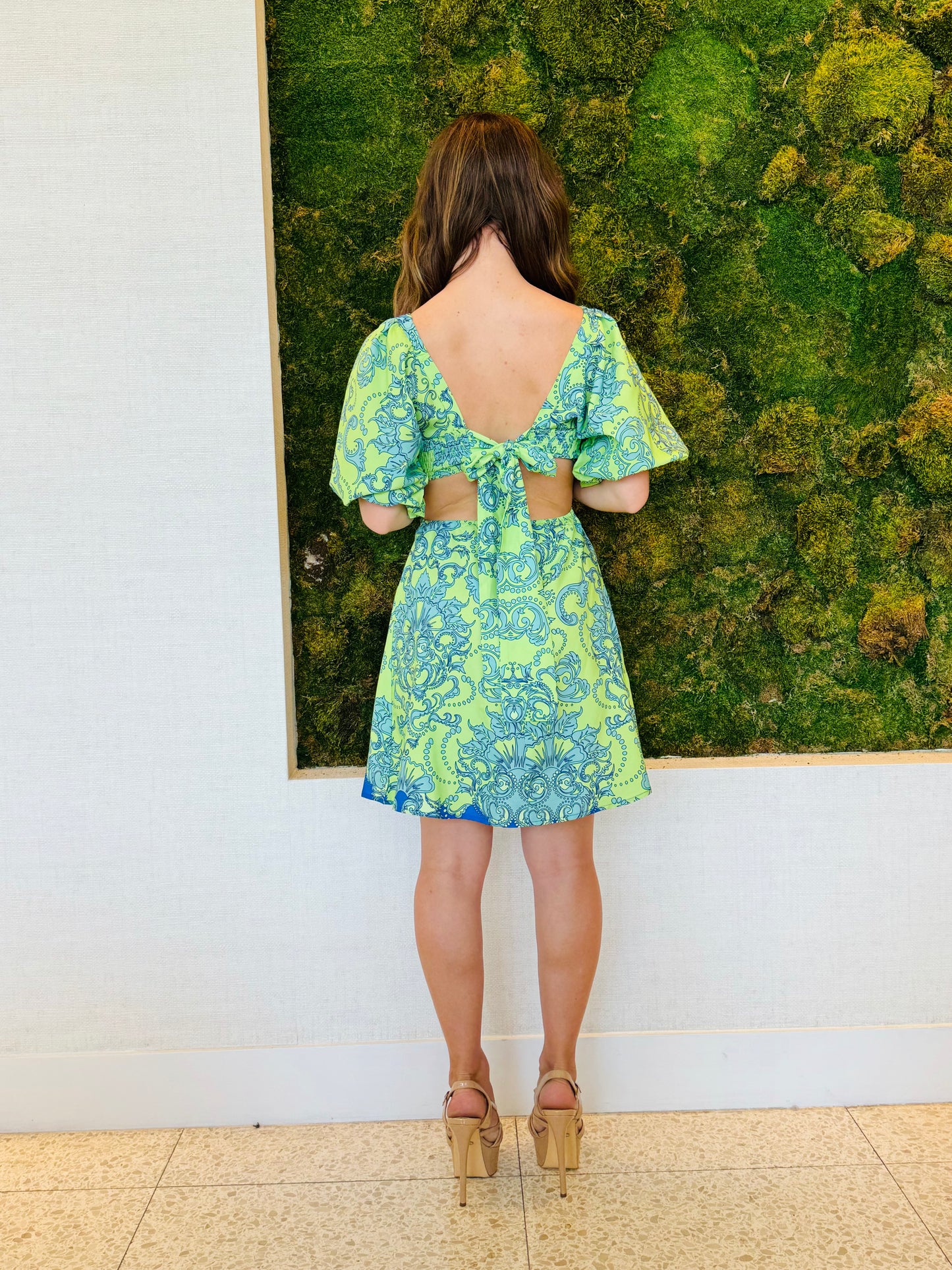 Isabel green and blue cutout dress with a back bow