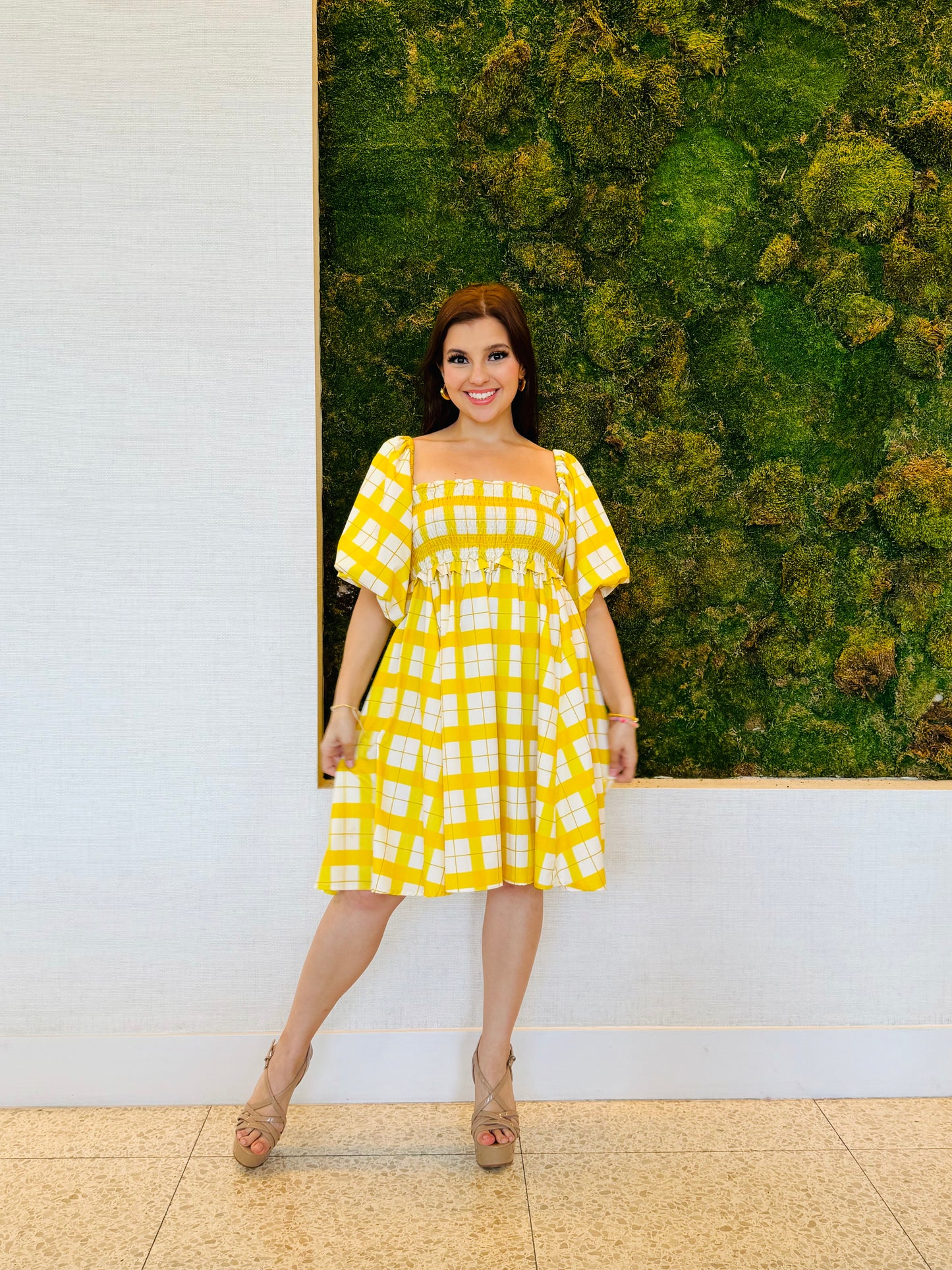 Isadora yellow plaid dress with a bee panel elastic bust