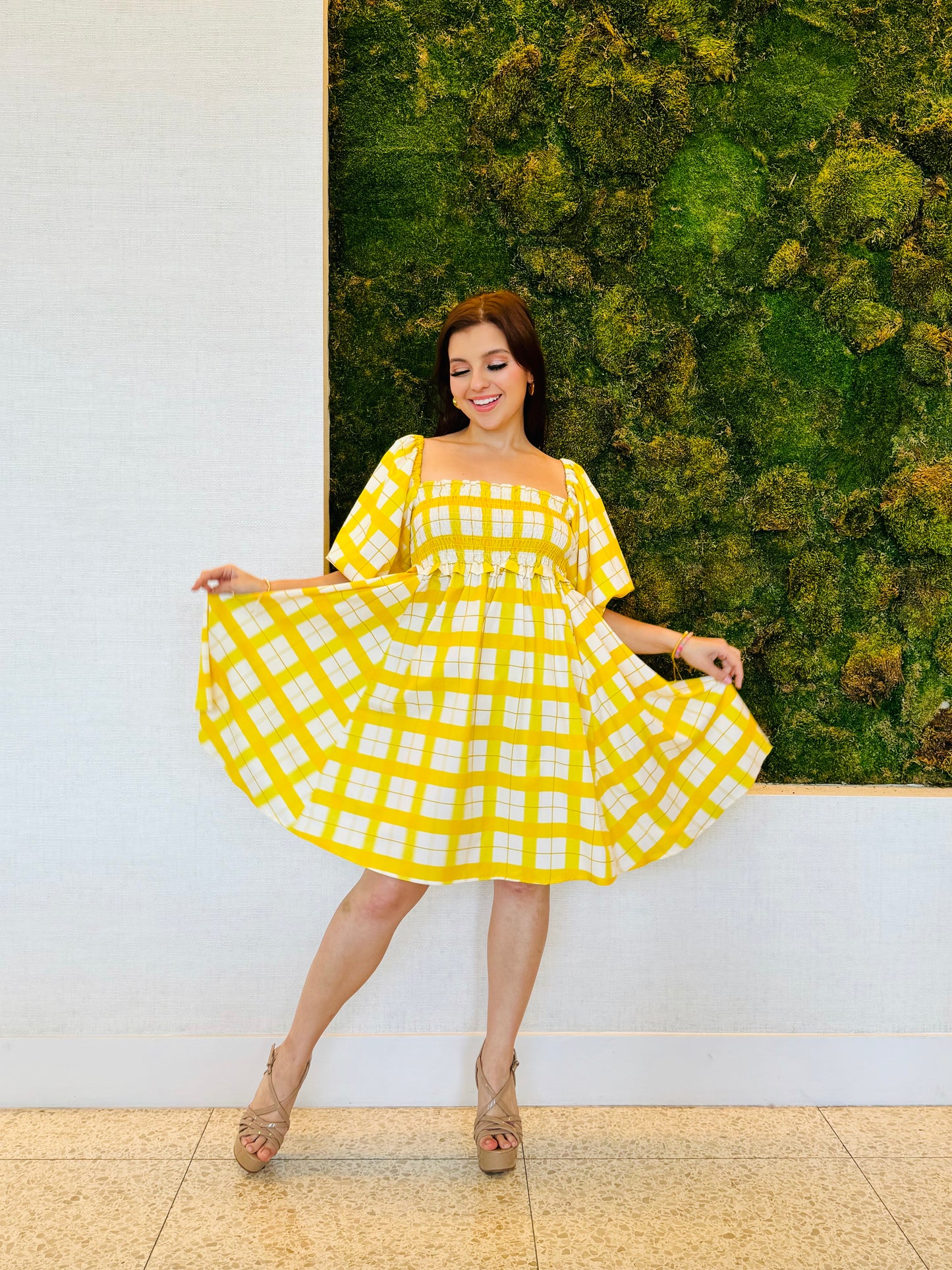 Isadora yellow plaid dress with a bee panel elastic bust