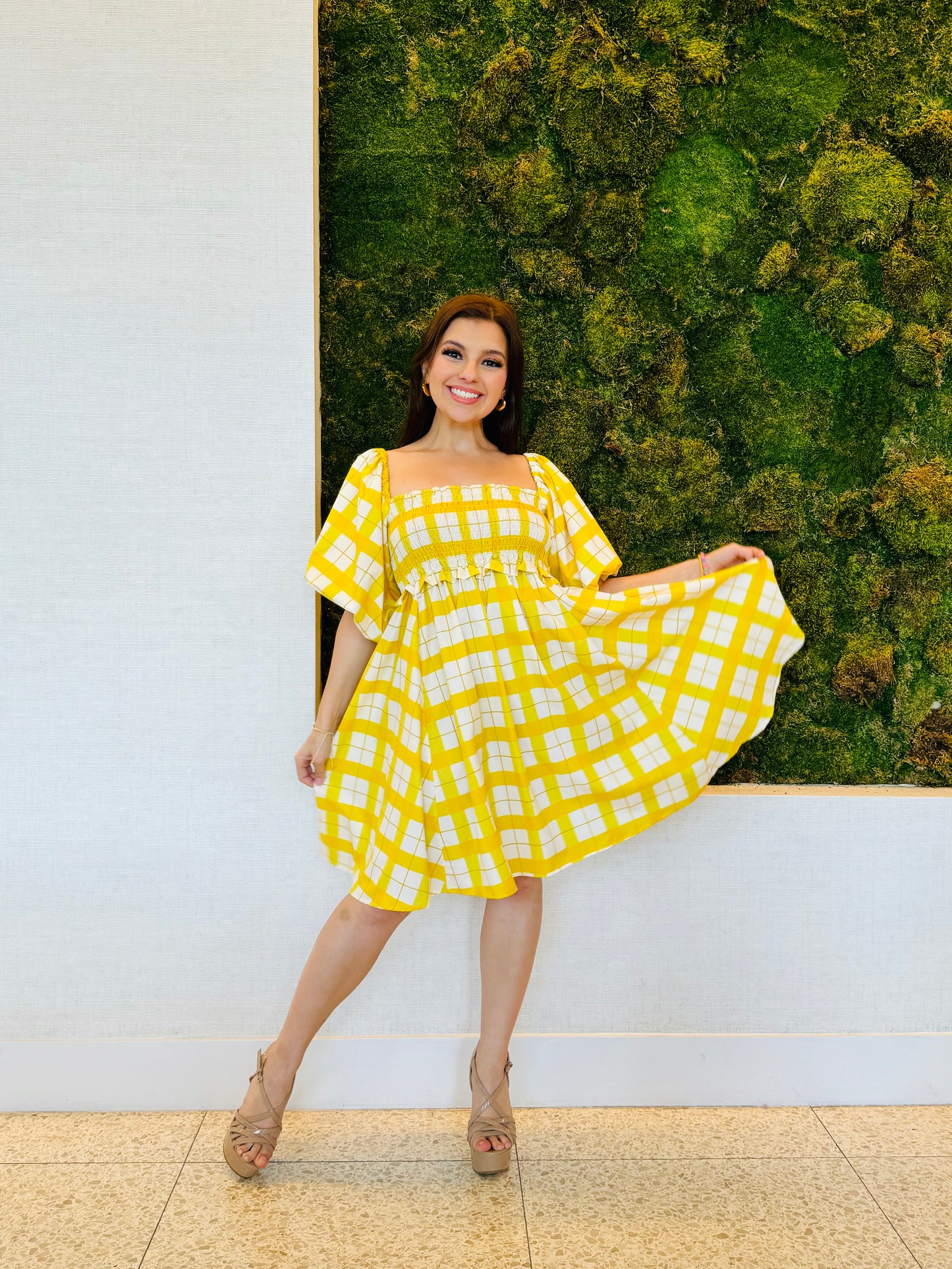 Isadora yellow plaid dress with a bee panel elastic bust