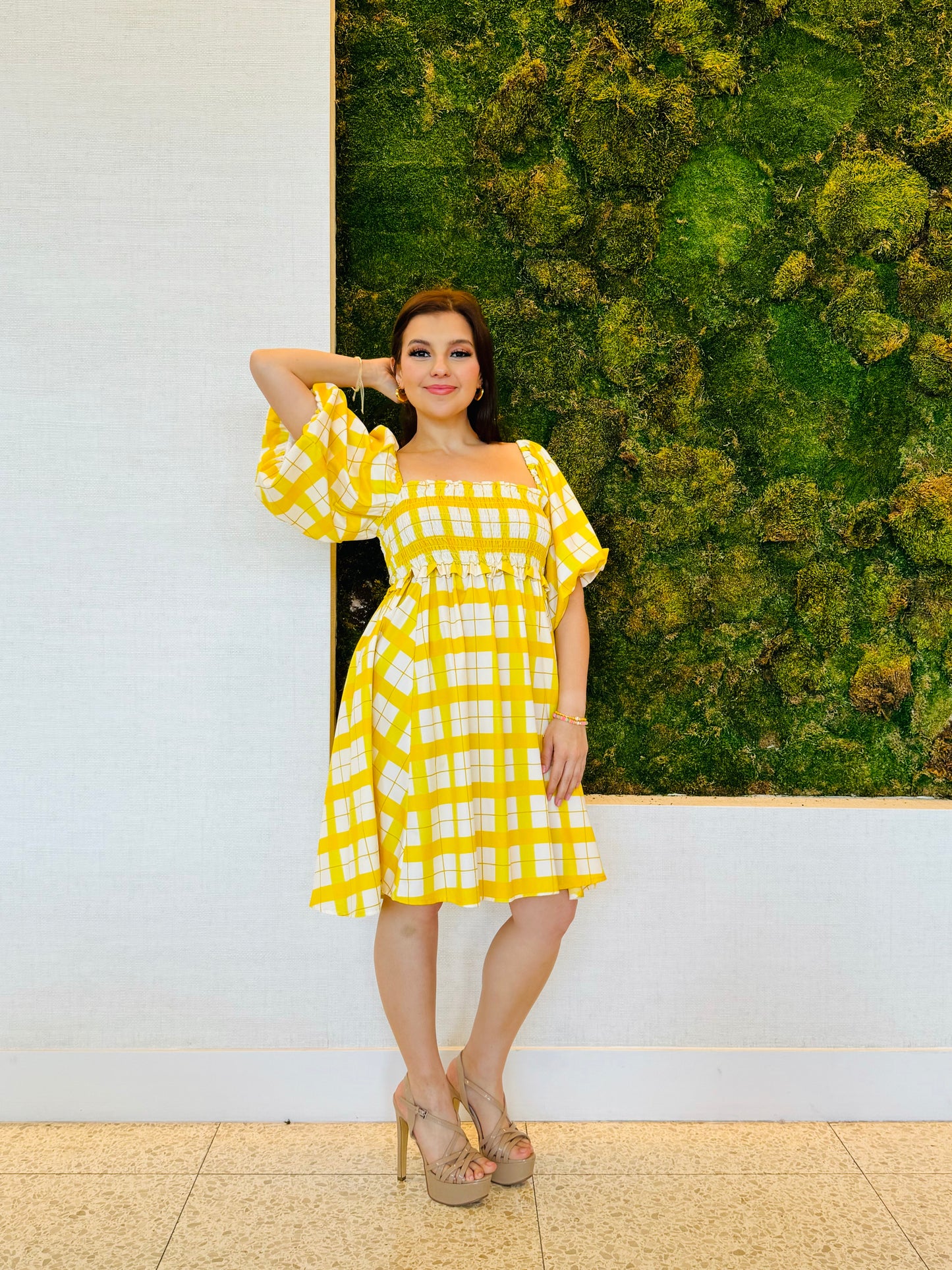 Isadora yellow plaid dress with a bee panel elastic bust