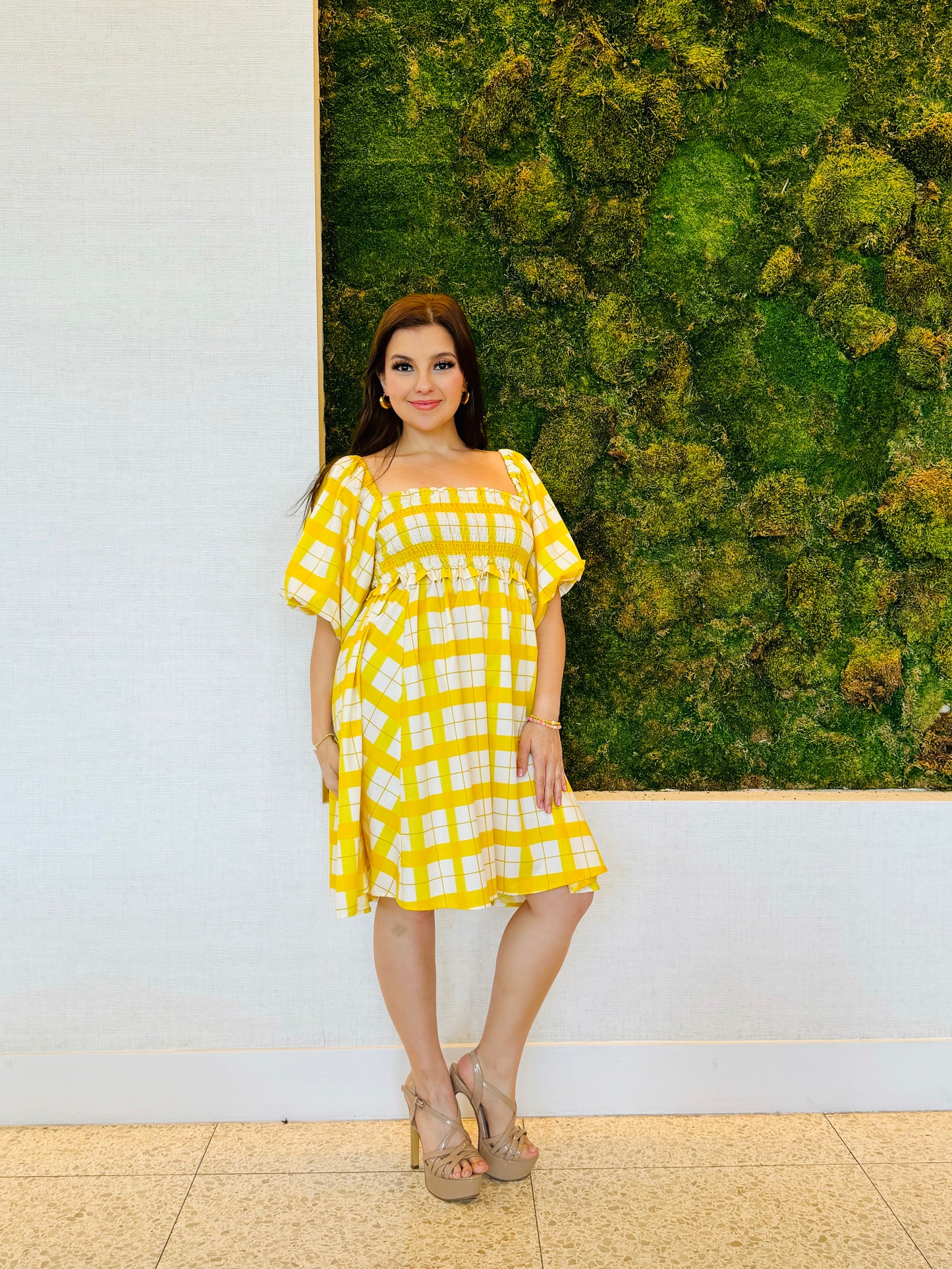Isadora yellow plaid dress with a bee panel elastic bust