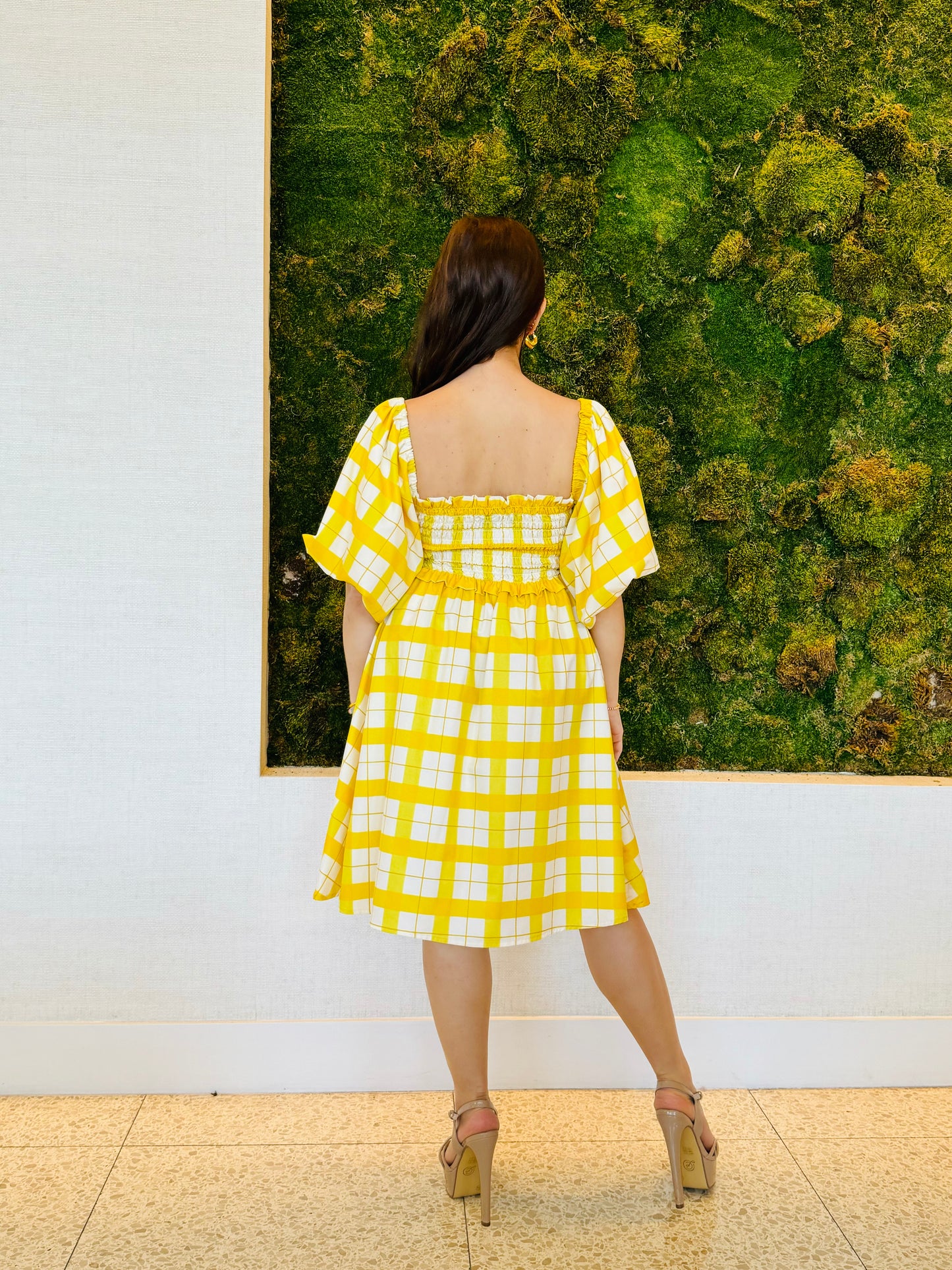 Isadora yellow plaid dress with a bee panel elastic bust