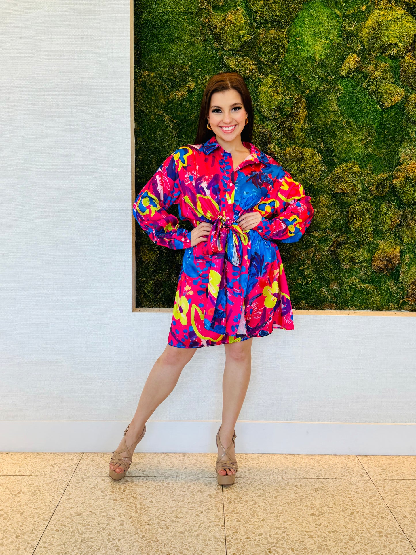 Isadora button down dress in abstract red and blue print with a tie front knot