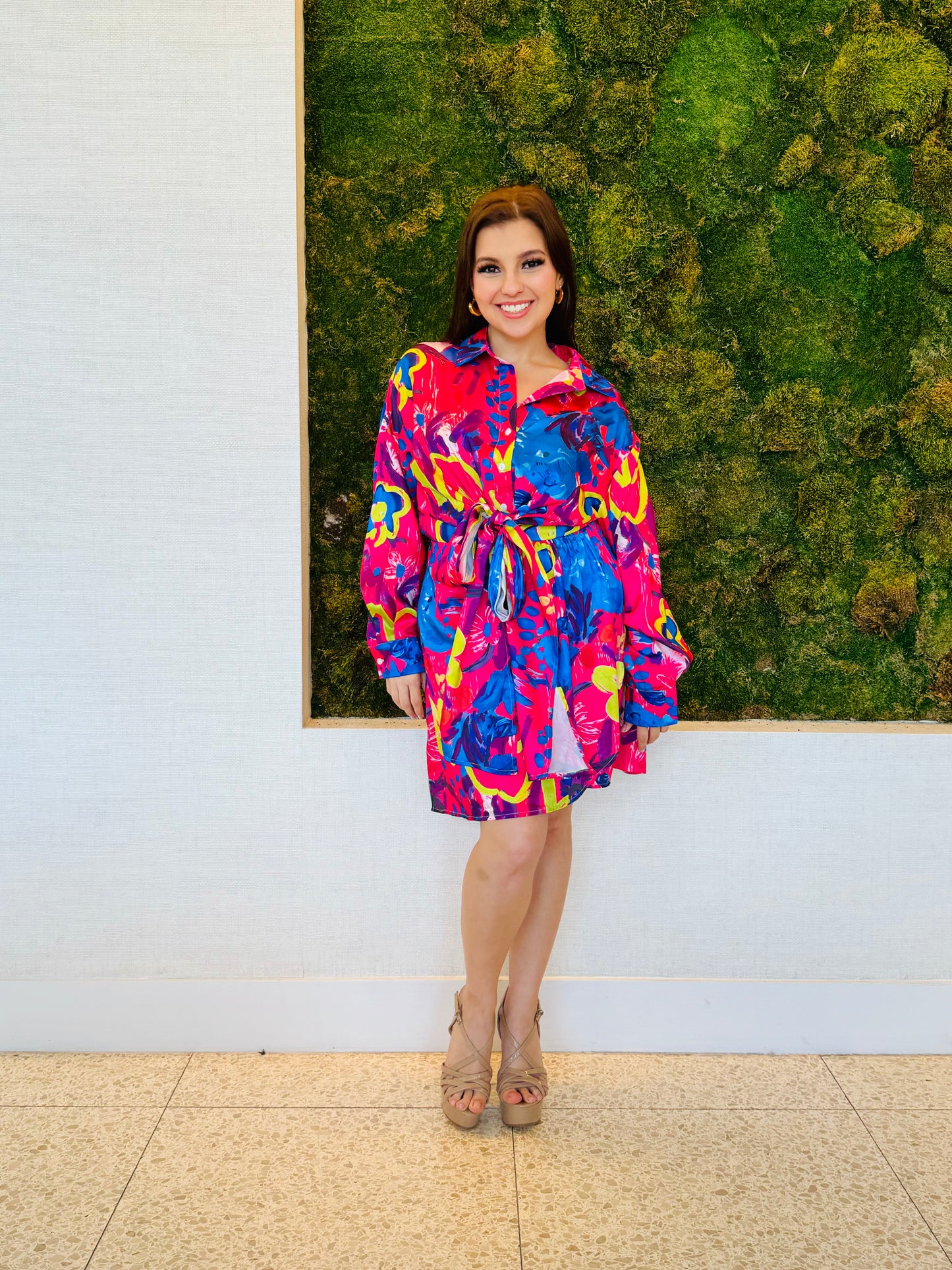 Isadora button down dress in abstract red and blue print with a tie front knot