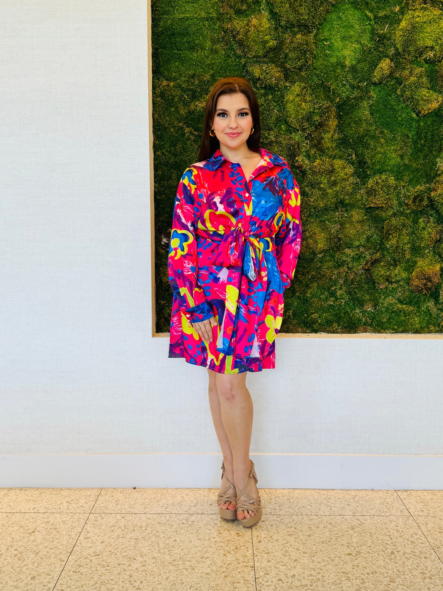 Isadora button down dress in abstract red and blue print with a tie front knot