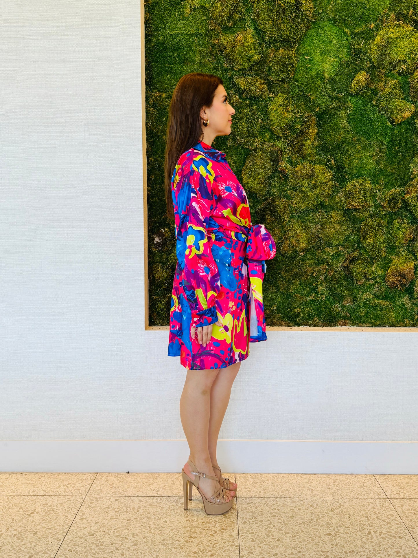 Isadora button down dress in abstract red and blue print with a tie front knot