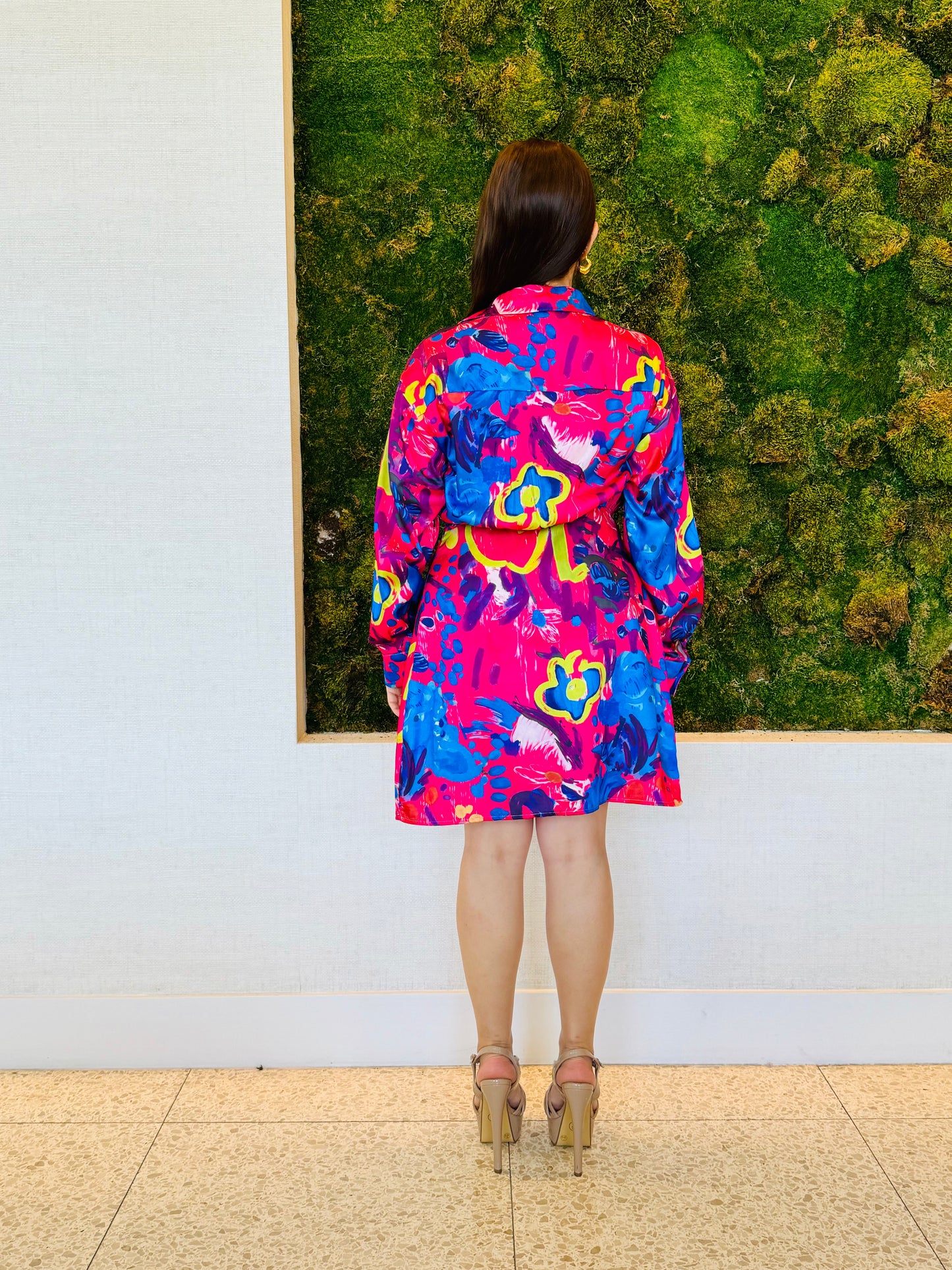 Isadora button down dress in abstract red and blue print with a tie front knot