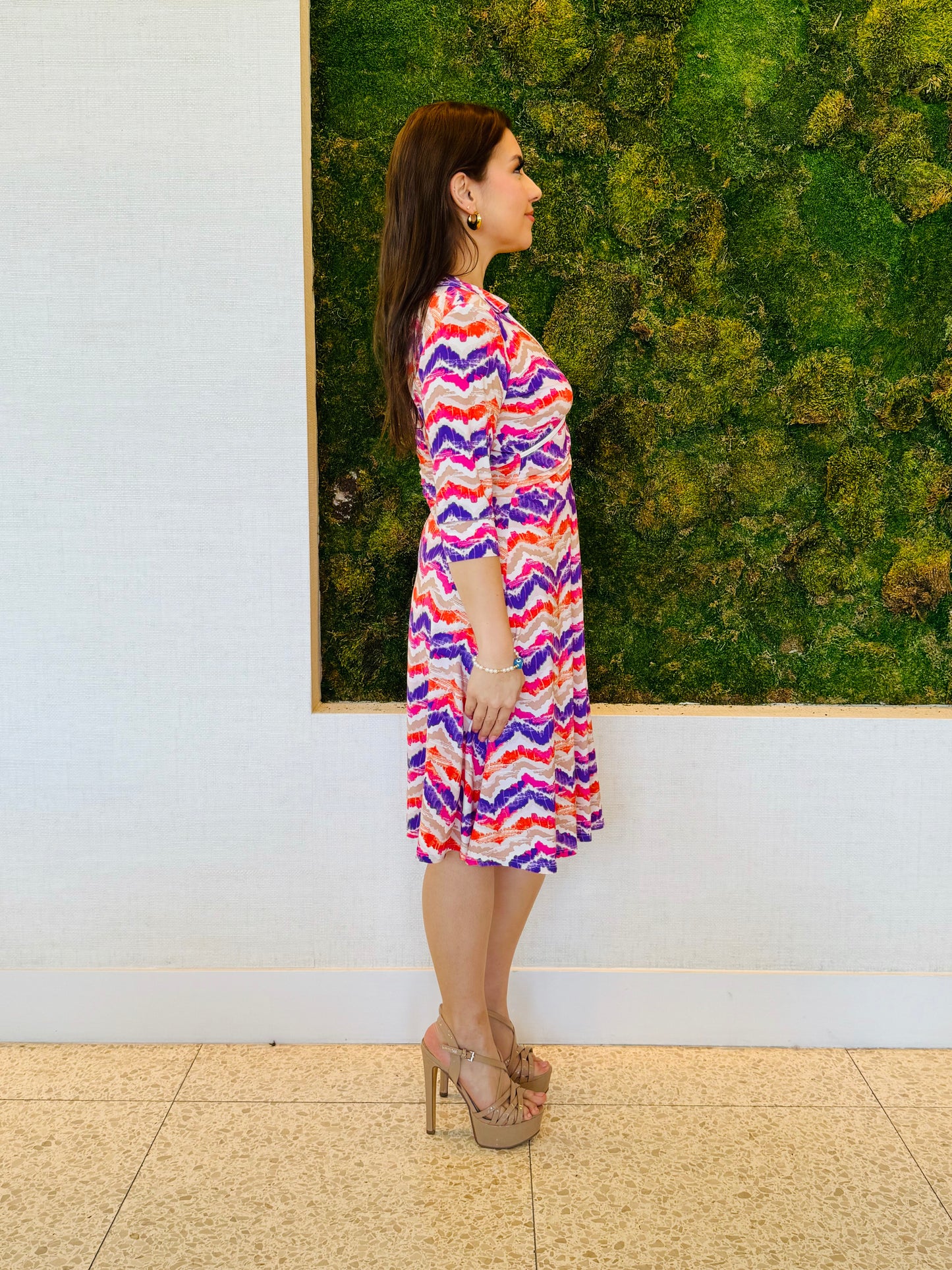 Antonella wrap dress in pink and purple chevron print