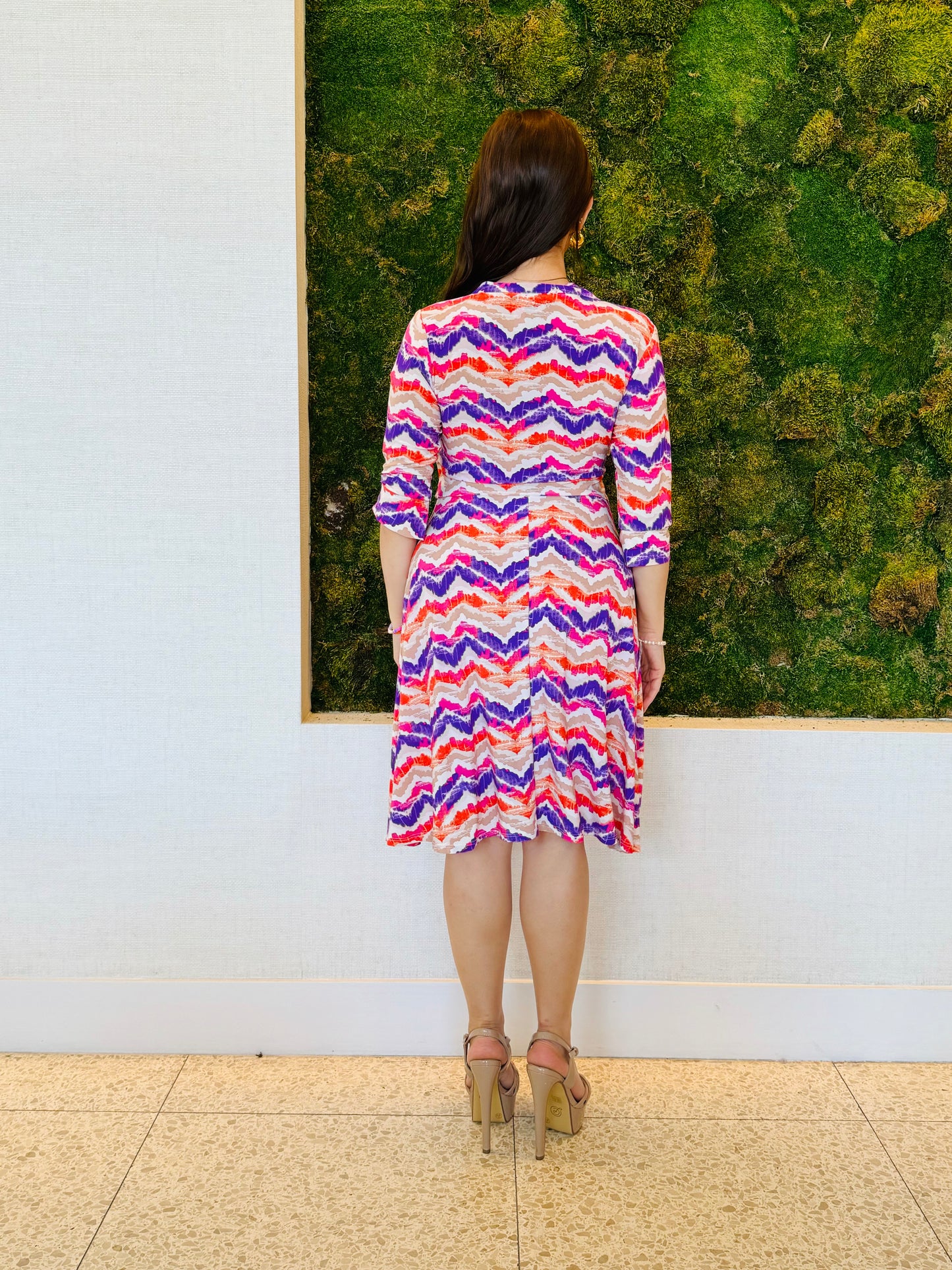 Antonella wrap dress in pink and purple chevron print