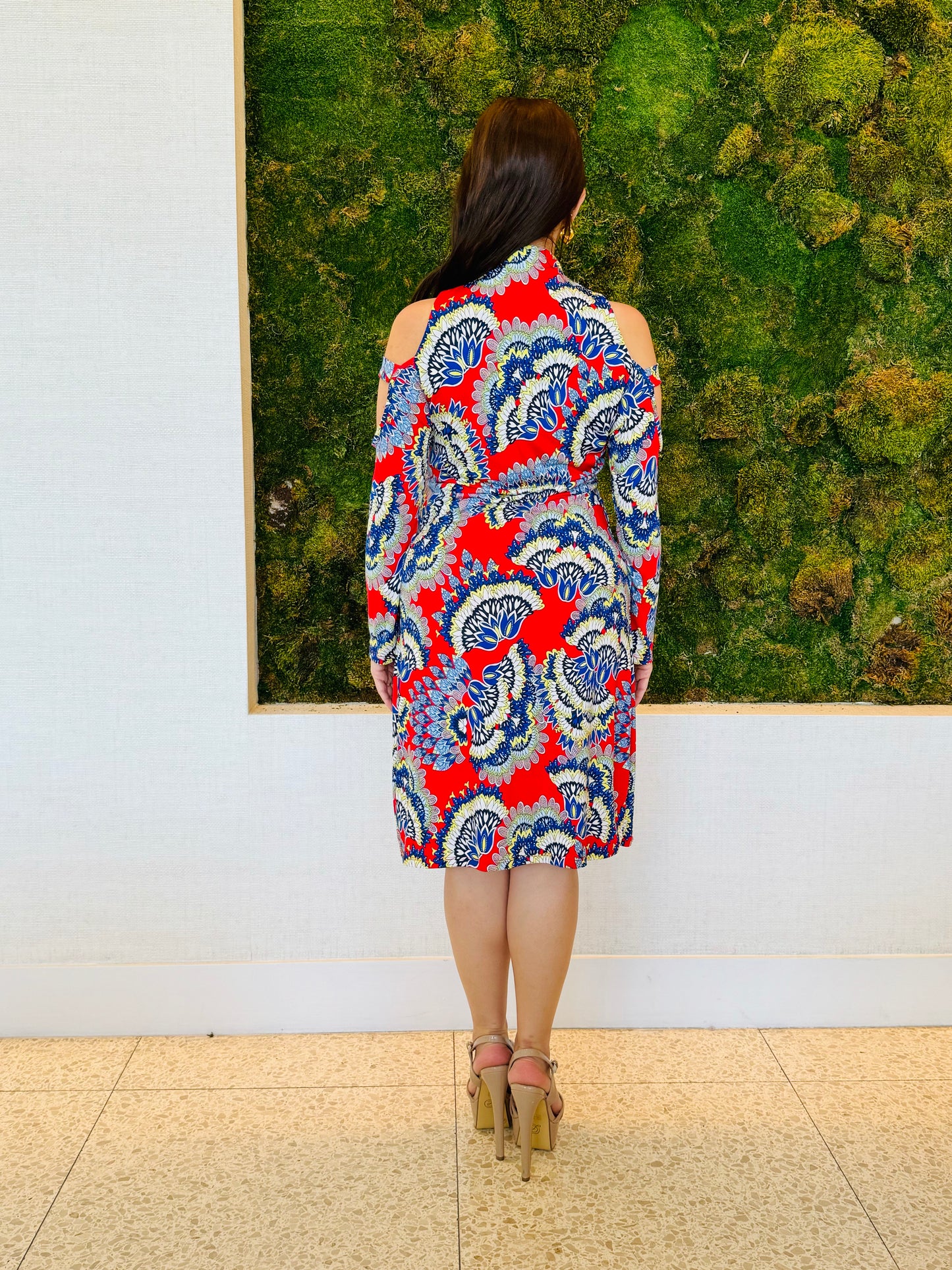 Indigo red Chinese print with a peek a boo shoulder