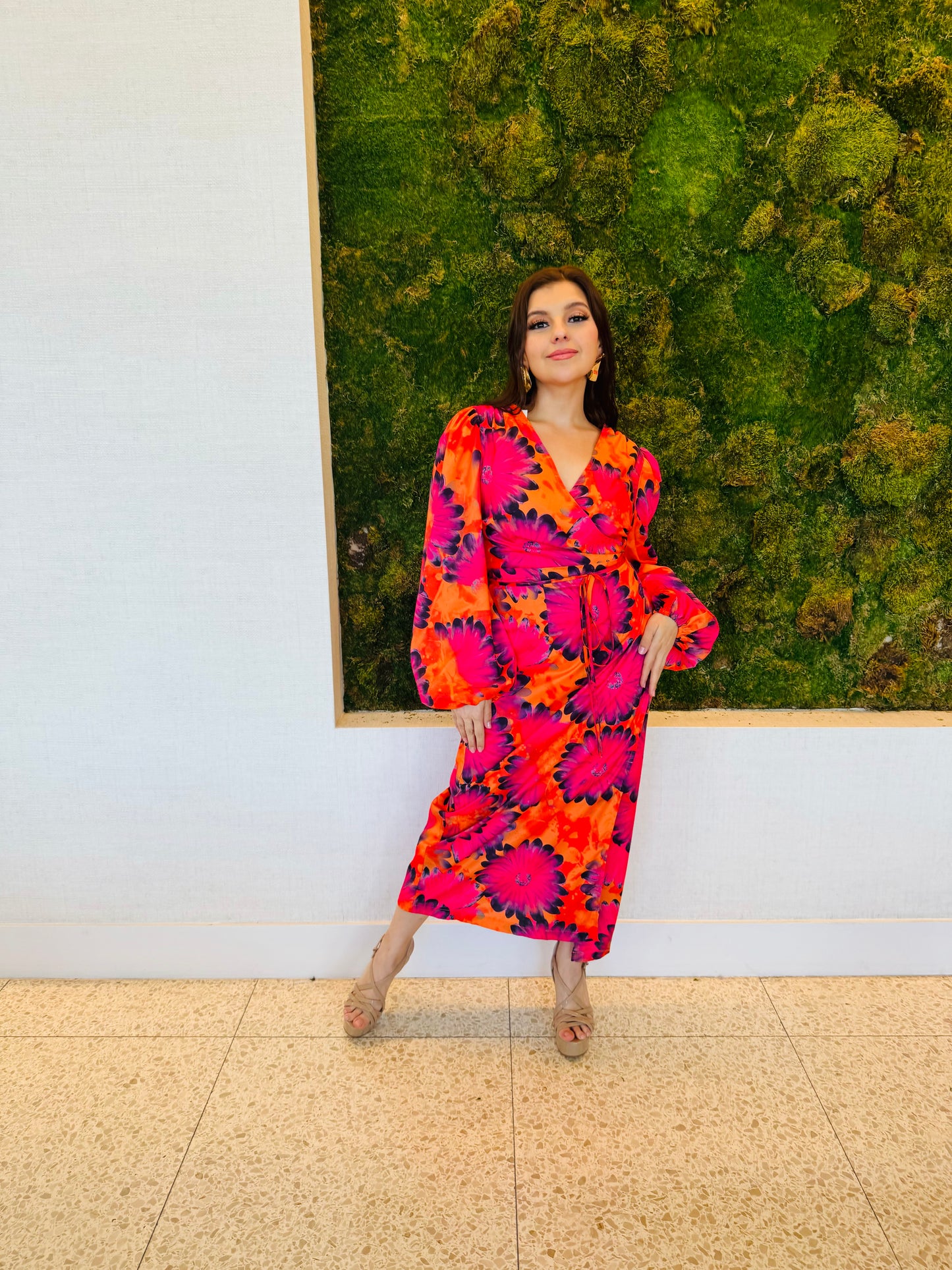 Hattie orange and red wrap dress in midi length wrap dress