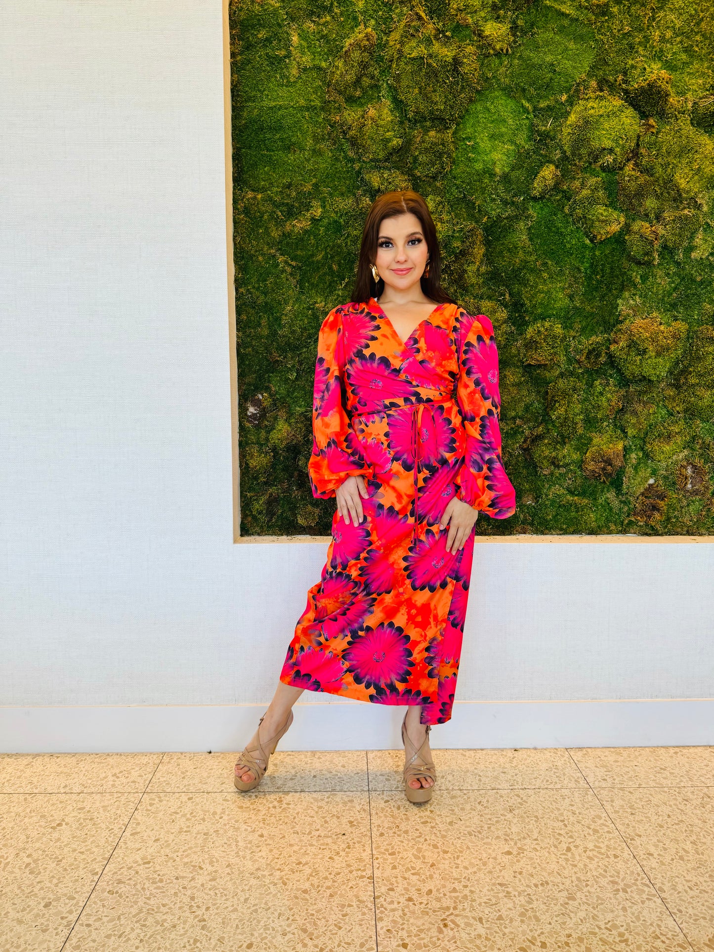 Hattie orange and red wrap dress in midi length wrap dress