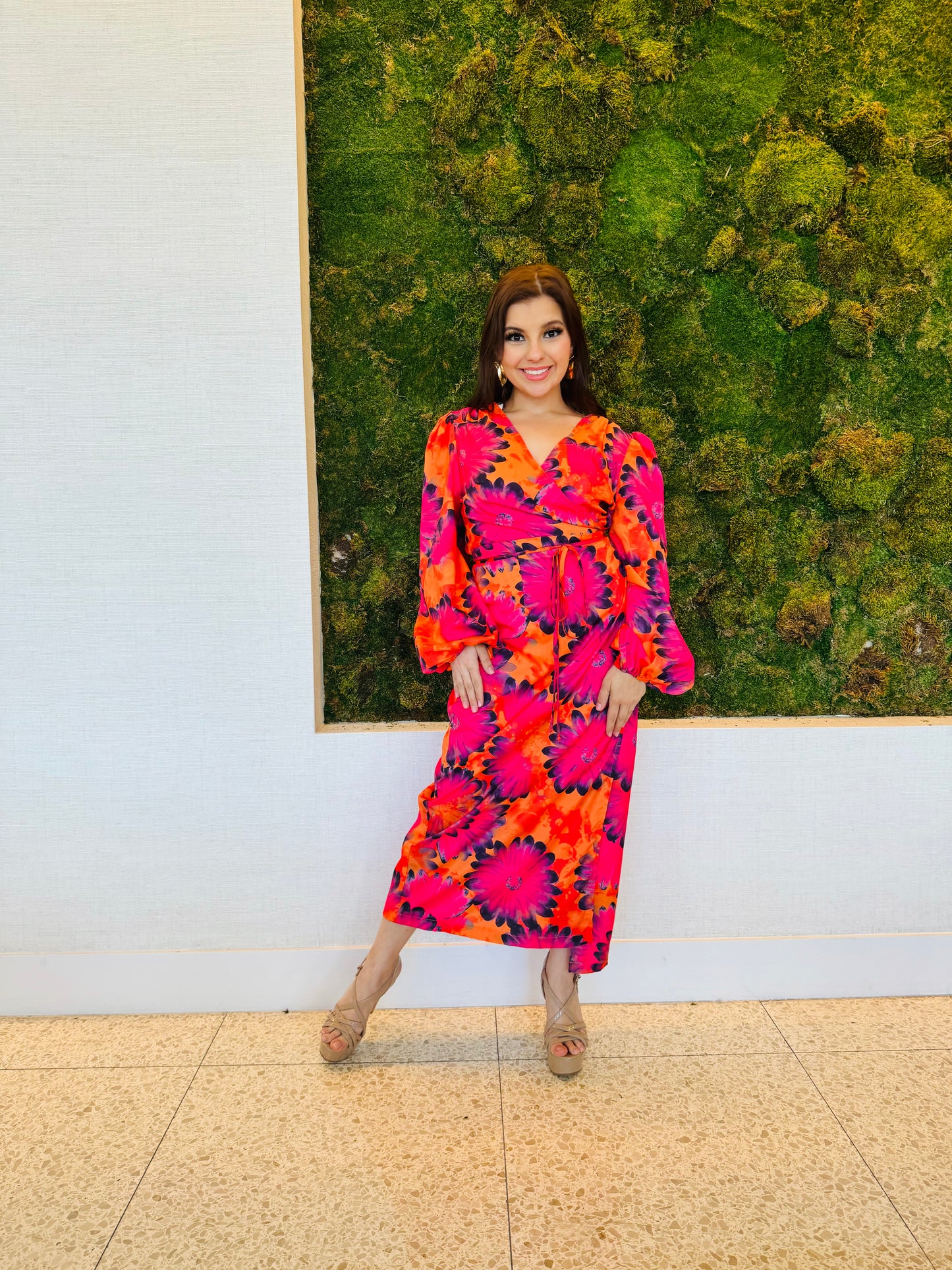 Hattie orange and red wrap dress in midi length wrap dress