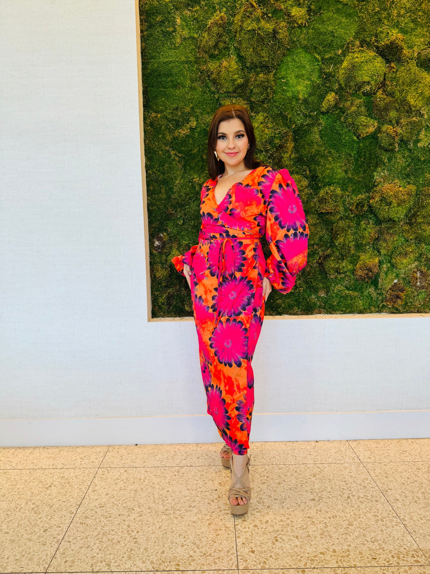 Hattie orange and red wrap dress in midi length wrap dress