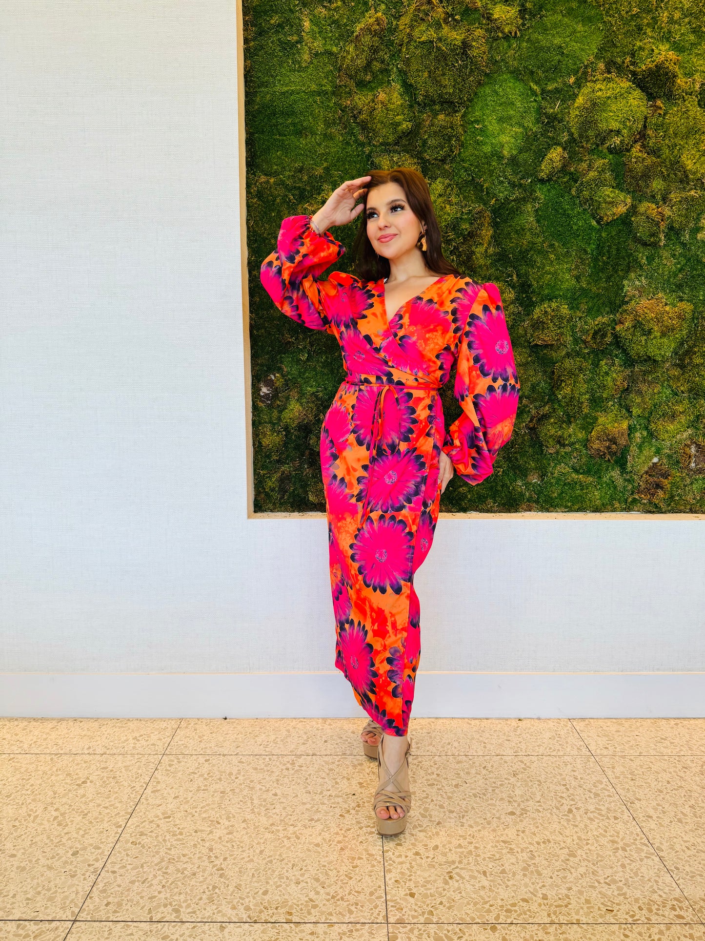 Hattie orange and red wrap dress in midi length wrap dress