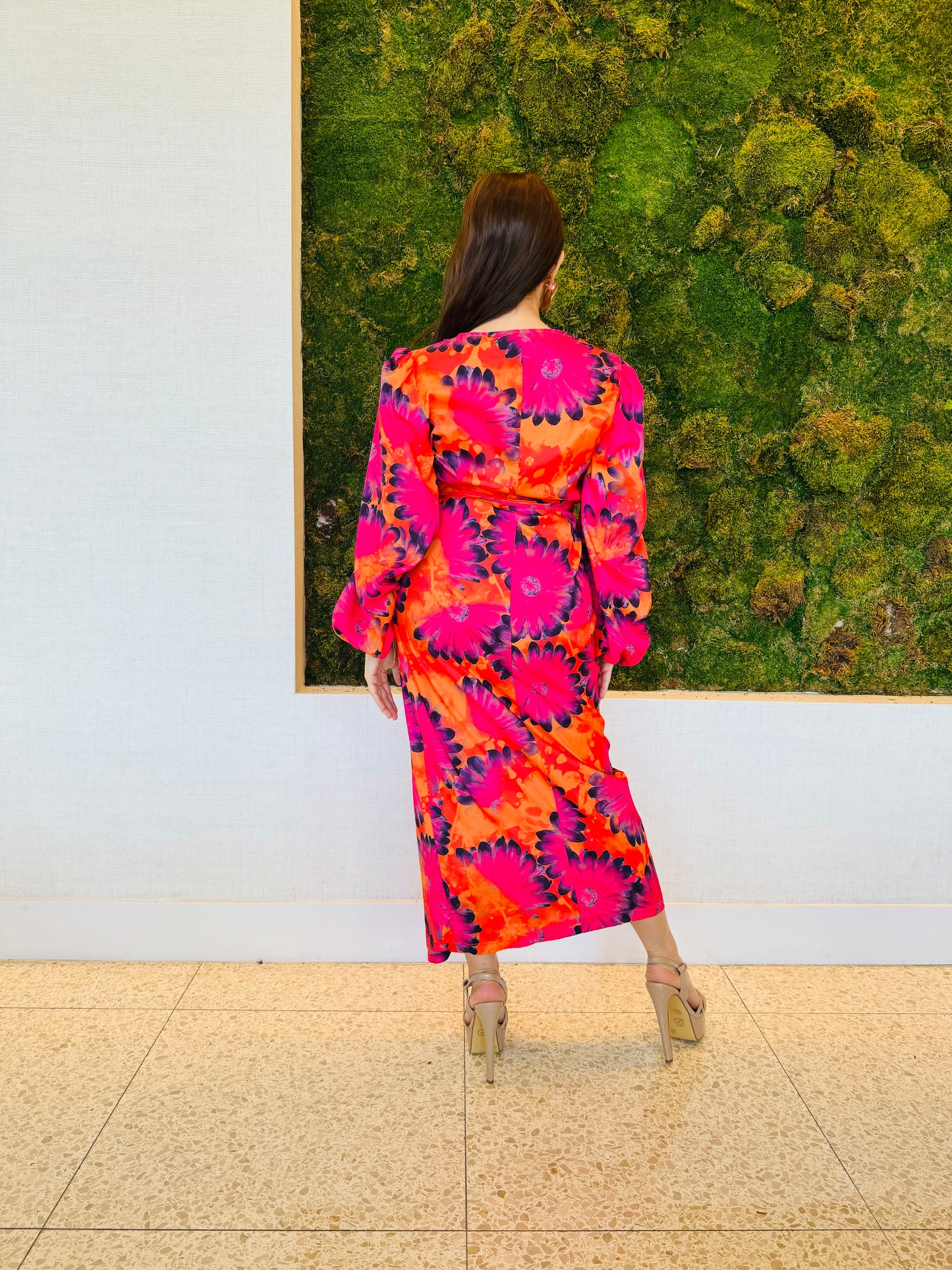 Hattie orange and red wrap dress in midi length wrap dress