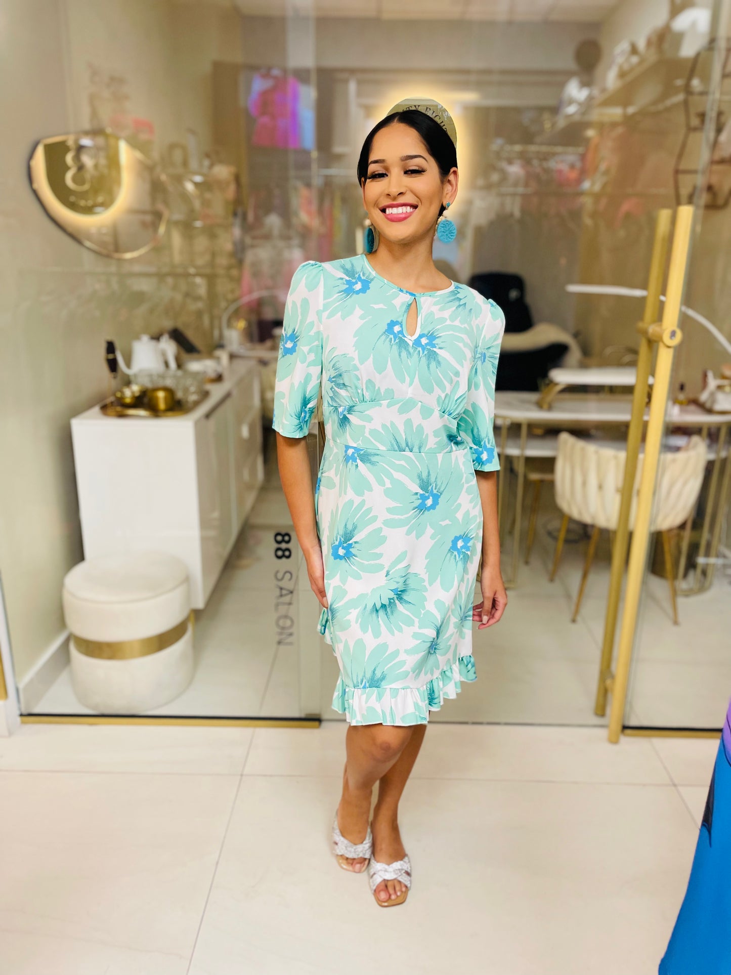 Melanie Dress in Acqua Floral Print