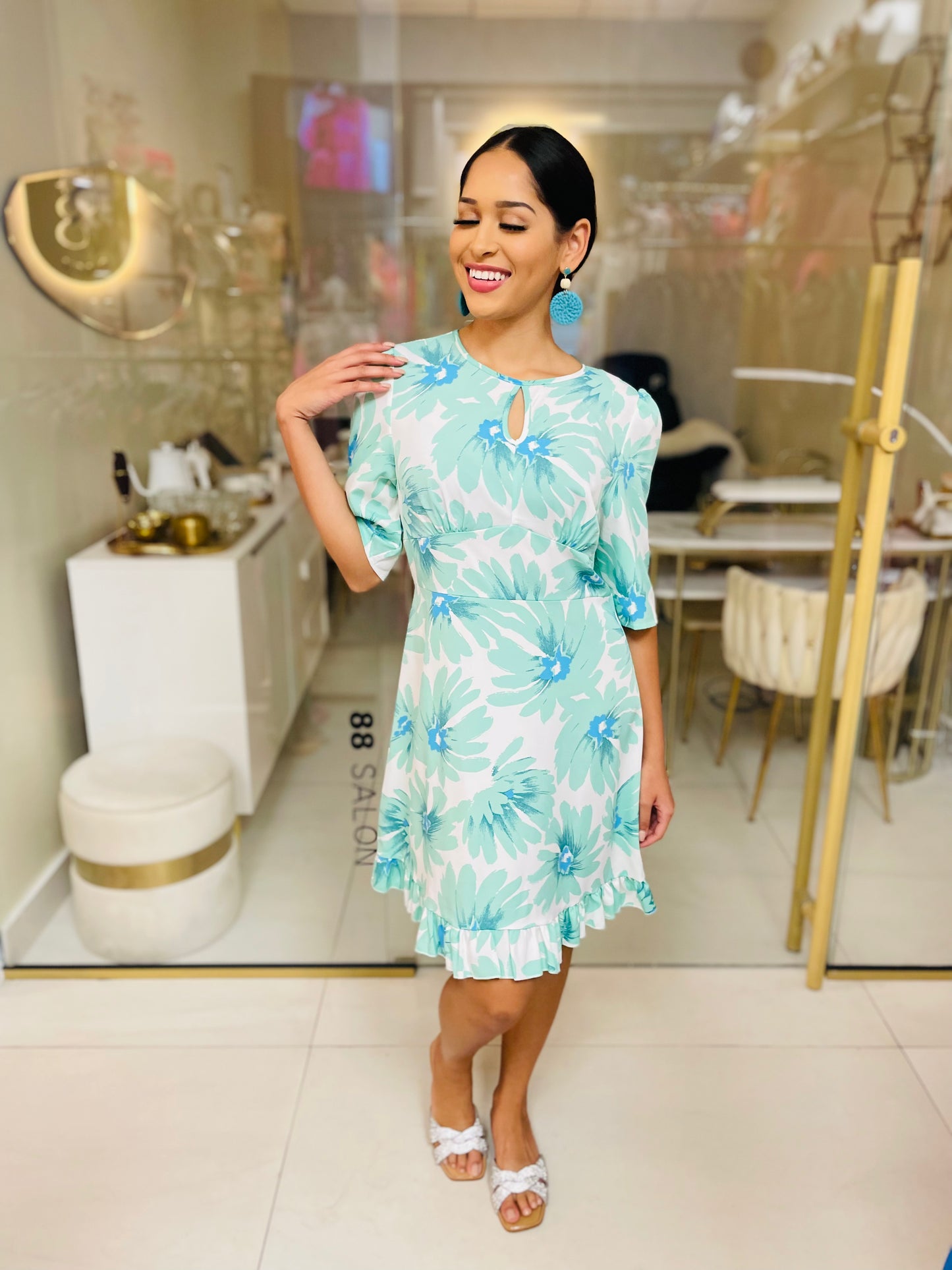 Melanie Dress in Acqua Floral Print