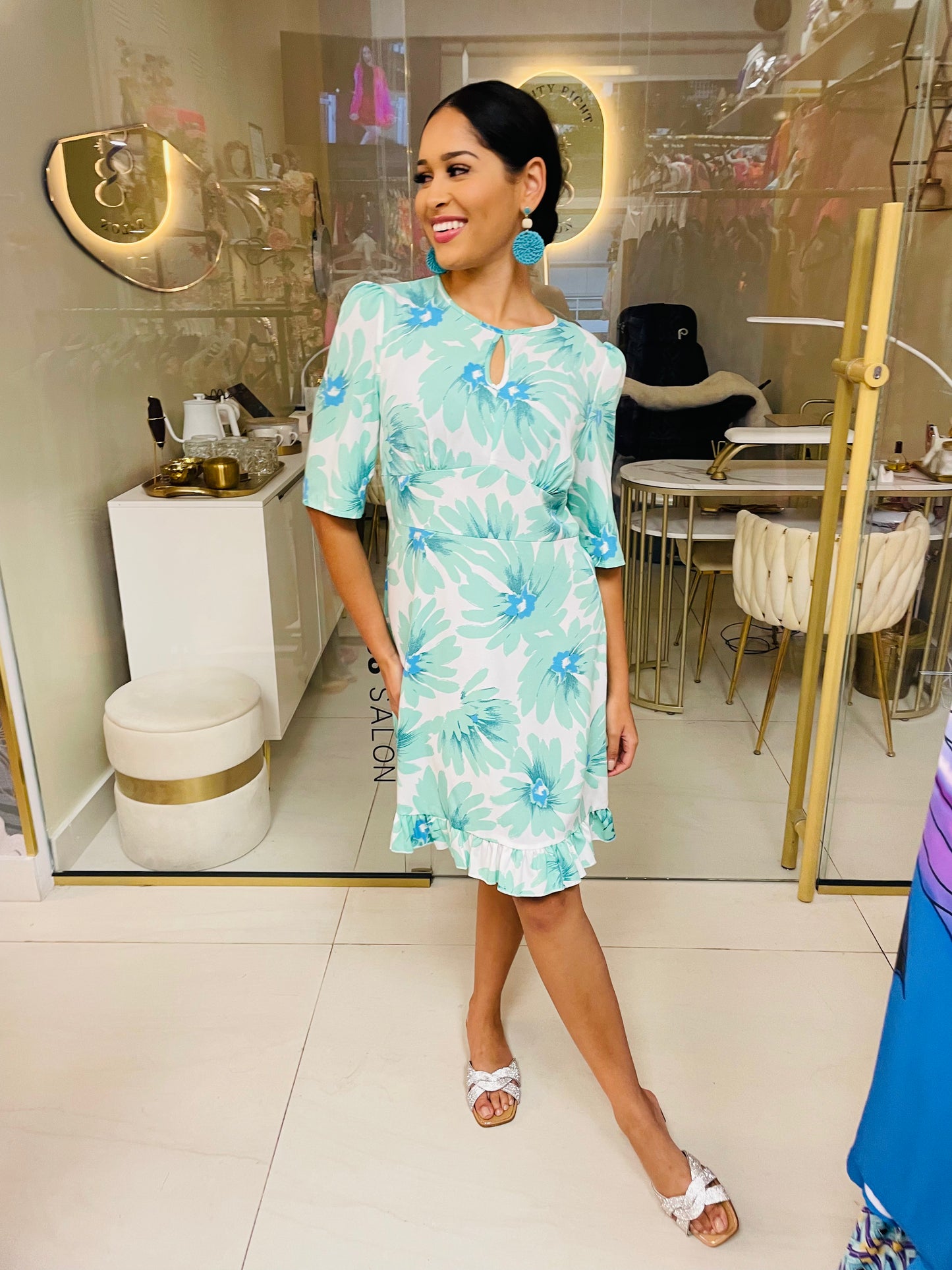 Melanie Dress in Acqua Floral Print