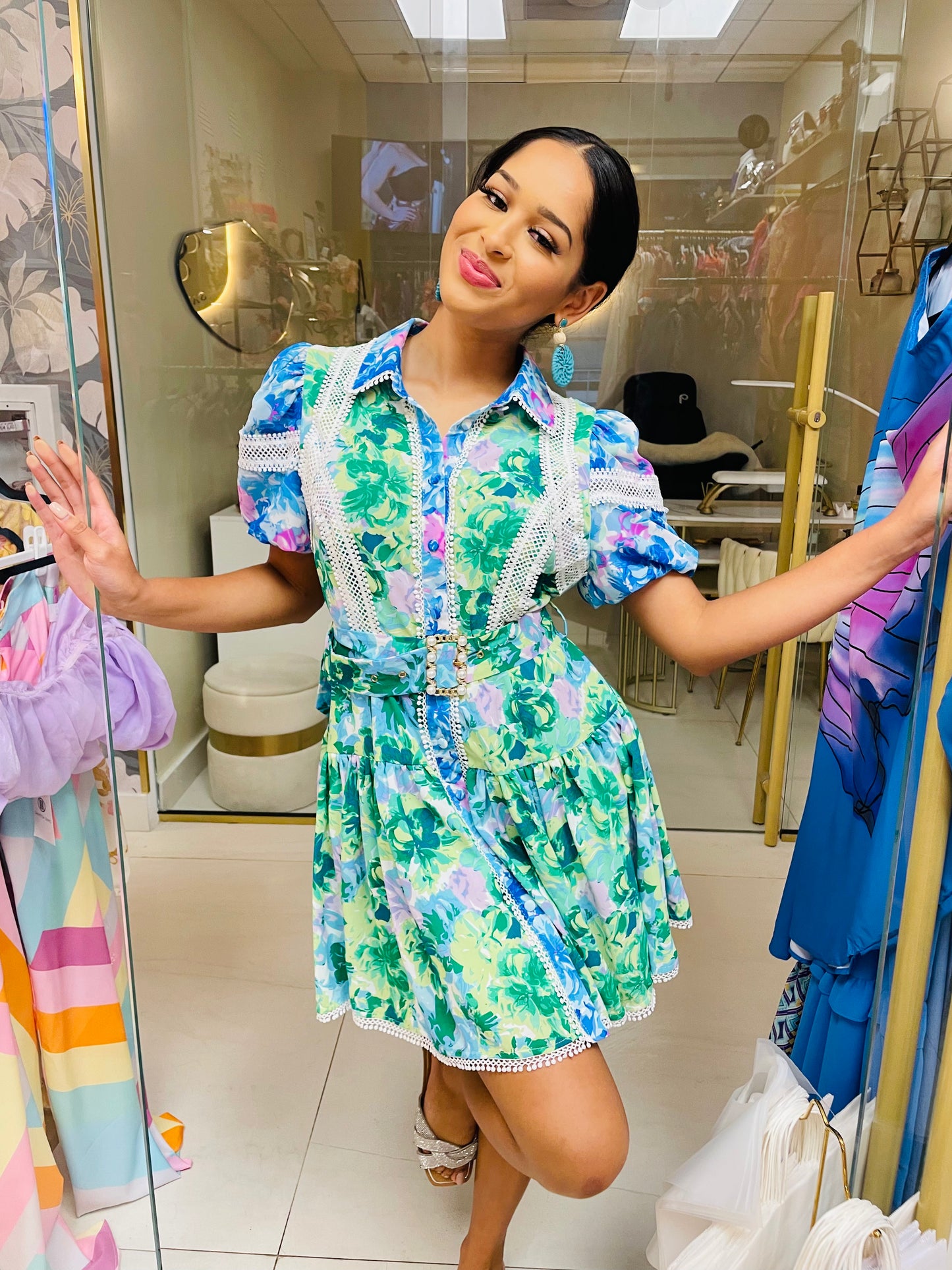 Celeste dress in green and blue floral print