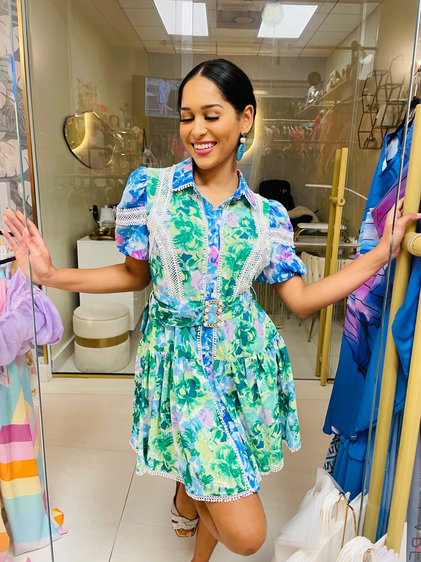 Celeste dress in green and blue floral print