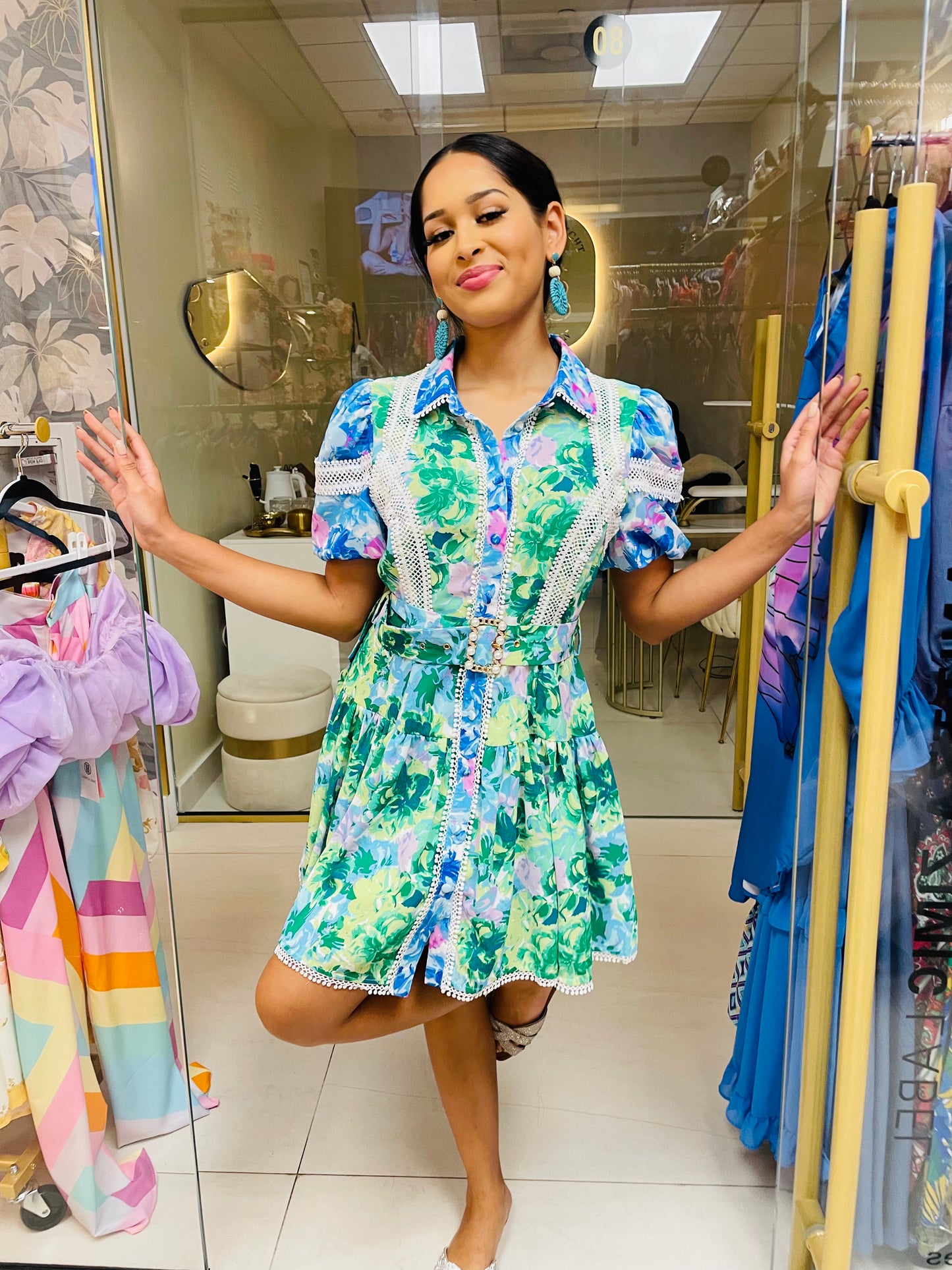 Celeste dress in green and blue floral print