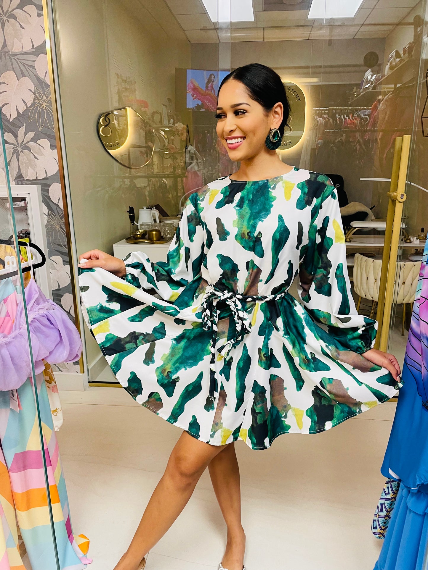 Ellie dress in Green Animal Print