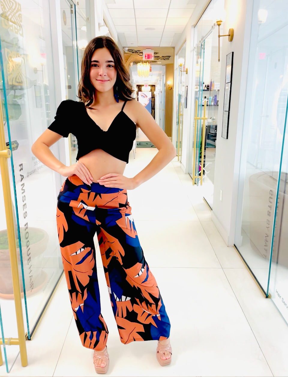 Lorenza Palazzo Pants in floral black and blue