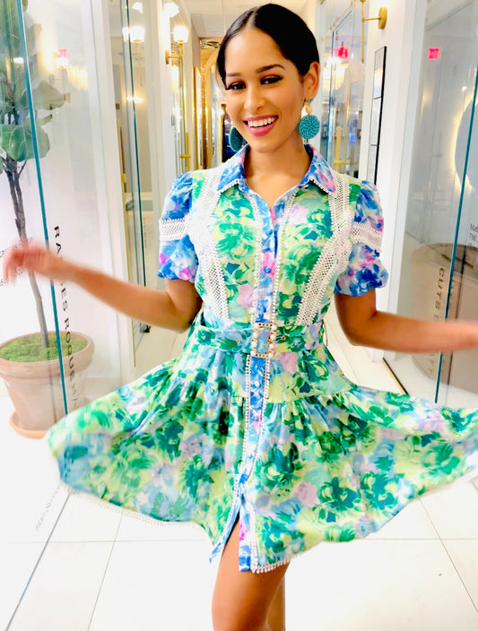 Celeste dress in green and blue floral print