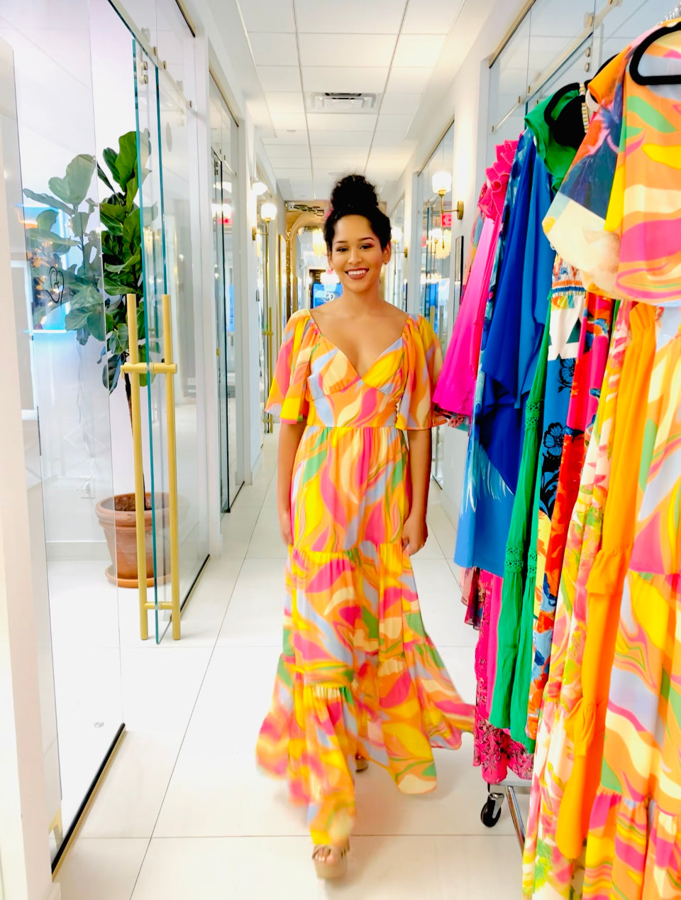 Ariel Long Maxi dress in Orange asymmetrical print