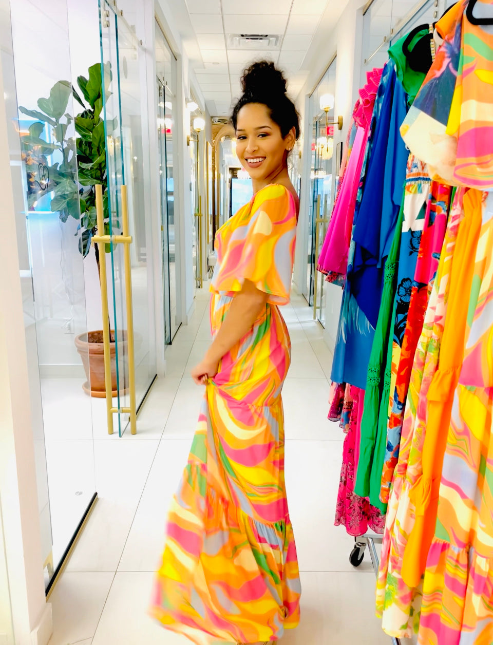 Ariel Long Maxi dress in Orange asymmetrical print