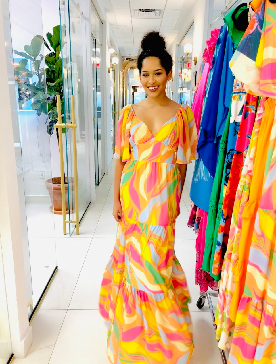 Ariel Long Maxi dress in Orange asymmetrical print