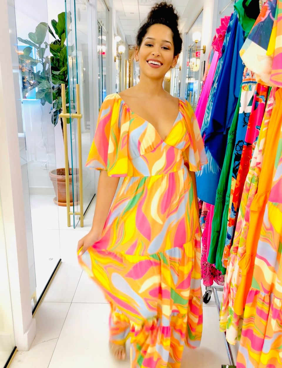 Ariel Long Maxi dress in Orange asymmetrical print