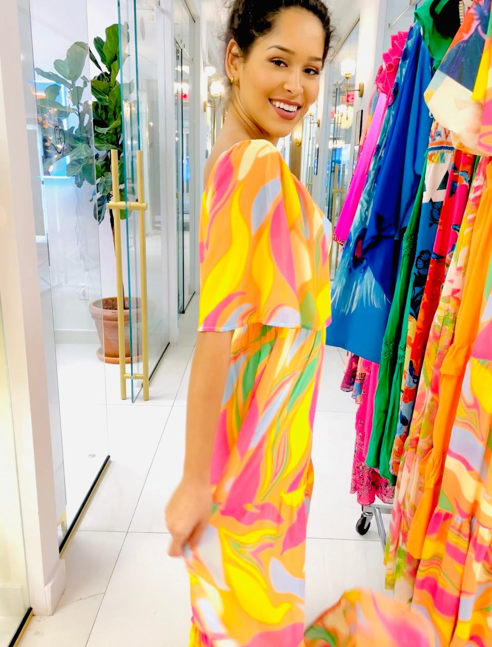 Ariel Long Maxi dress in Orange asymmetrical print