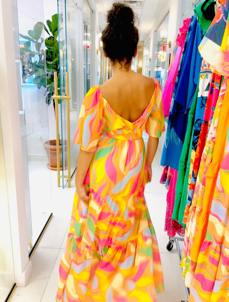 Ariel Long Maxi dress in Orange asymmetrical print