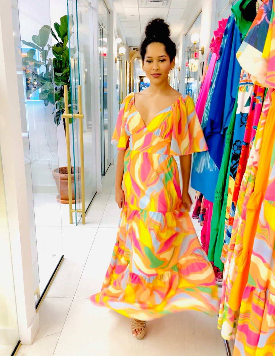 Ariel Long Maxi dress in Orange asymmetrical print