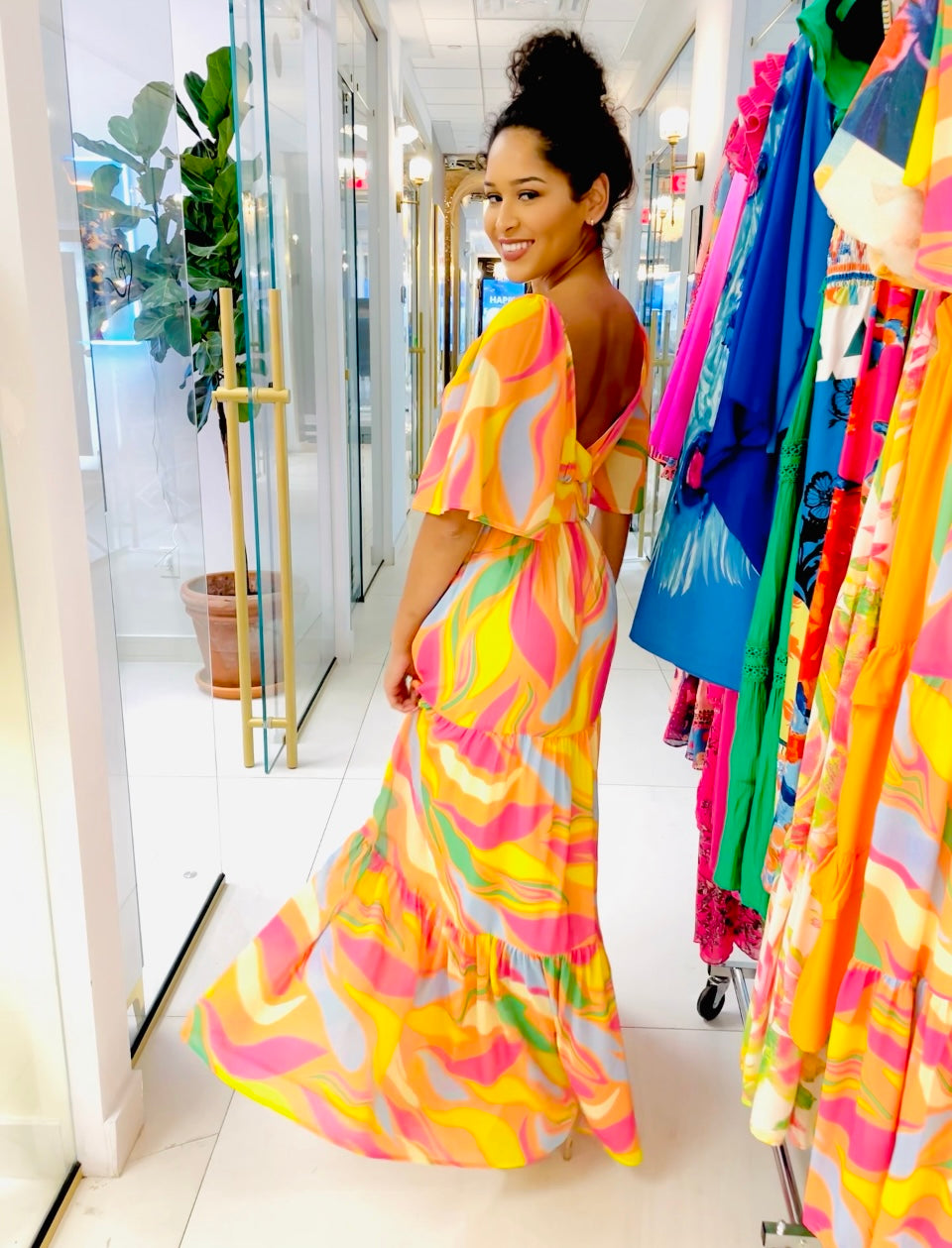 Ariel Long Maxi dress in Orange asymmetrical print