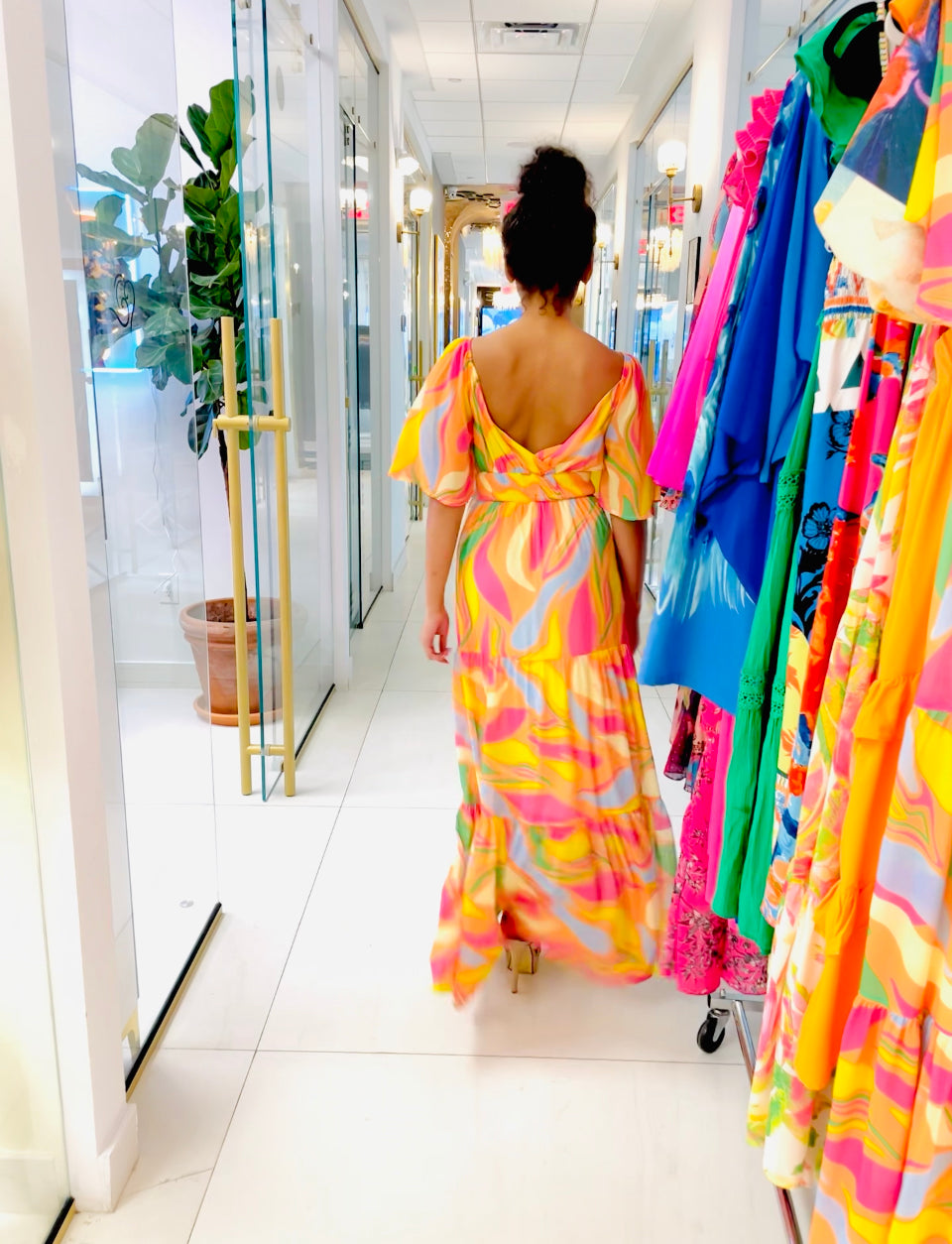 Ariel Long Maxi dress in Orange asymmetrical print