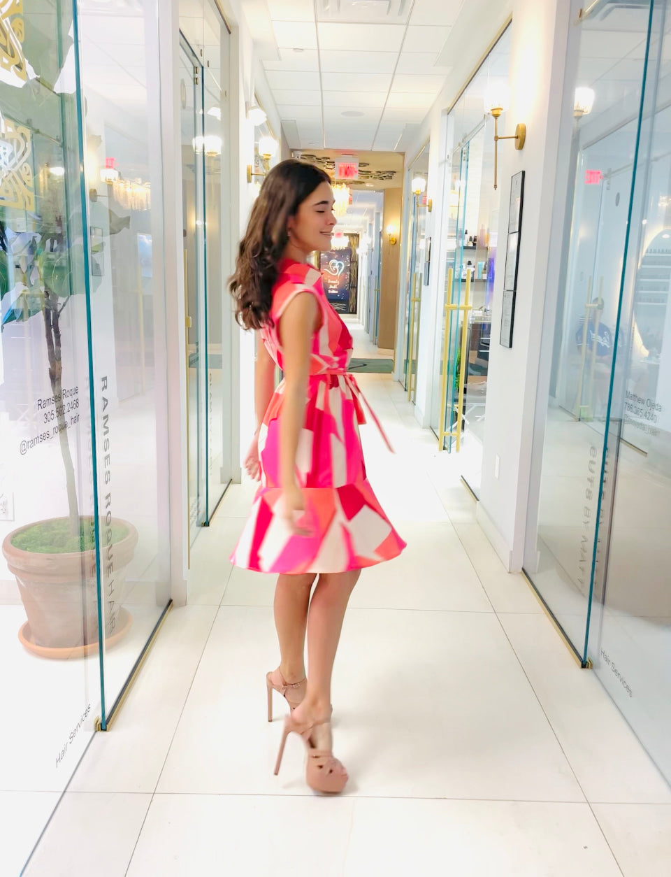 Luna Dress in geometrical pink print