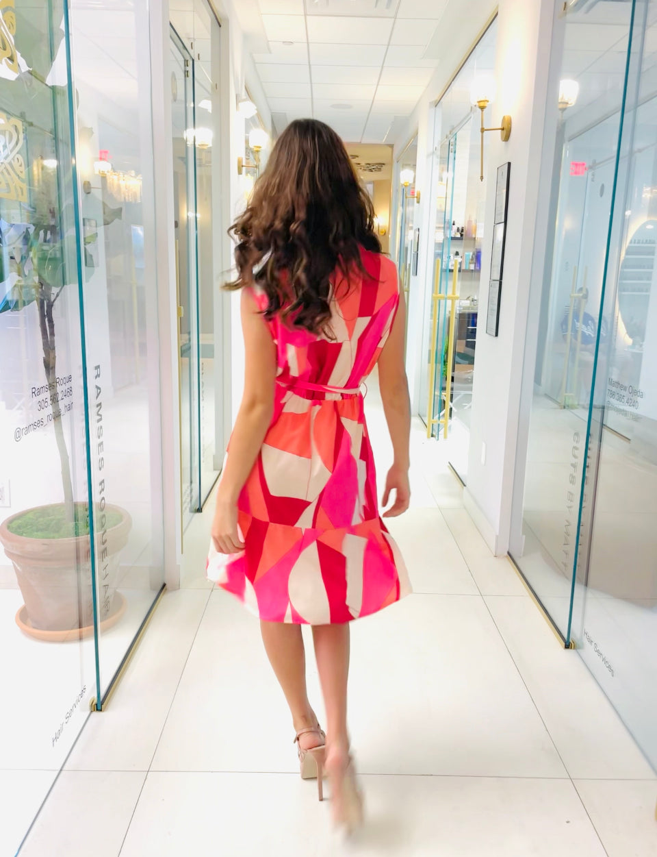 Luna Dress in geometrical pink print