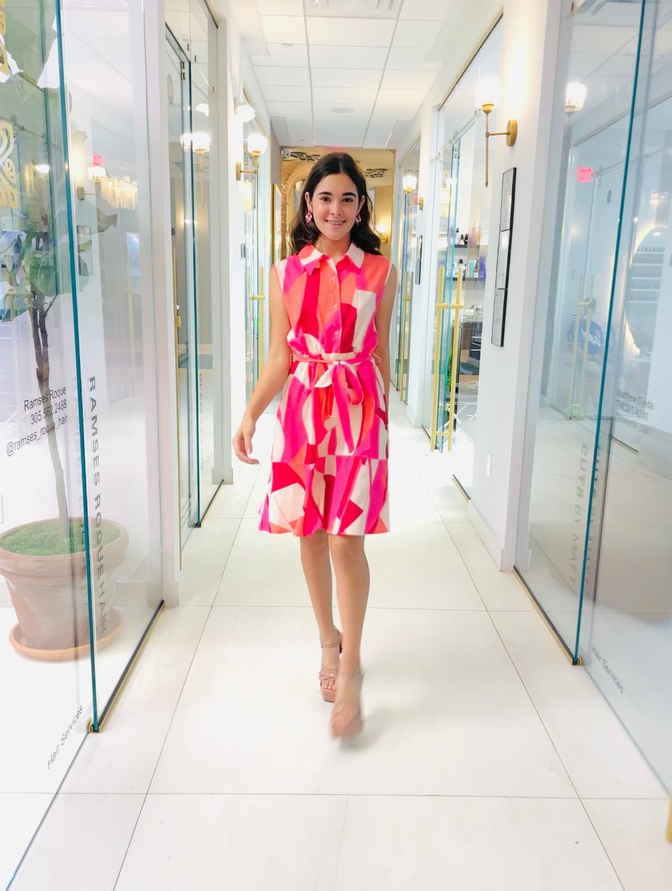 Luna Dress in geometrical pink print