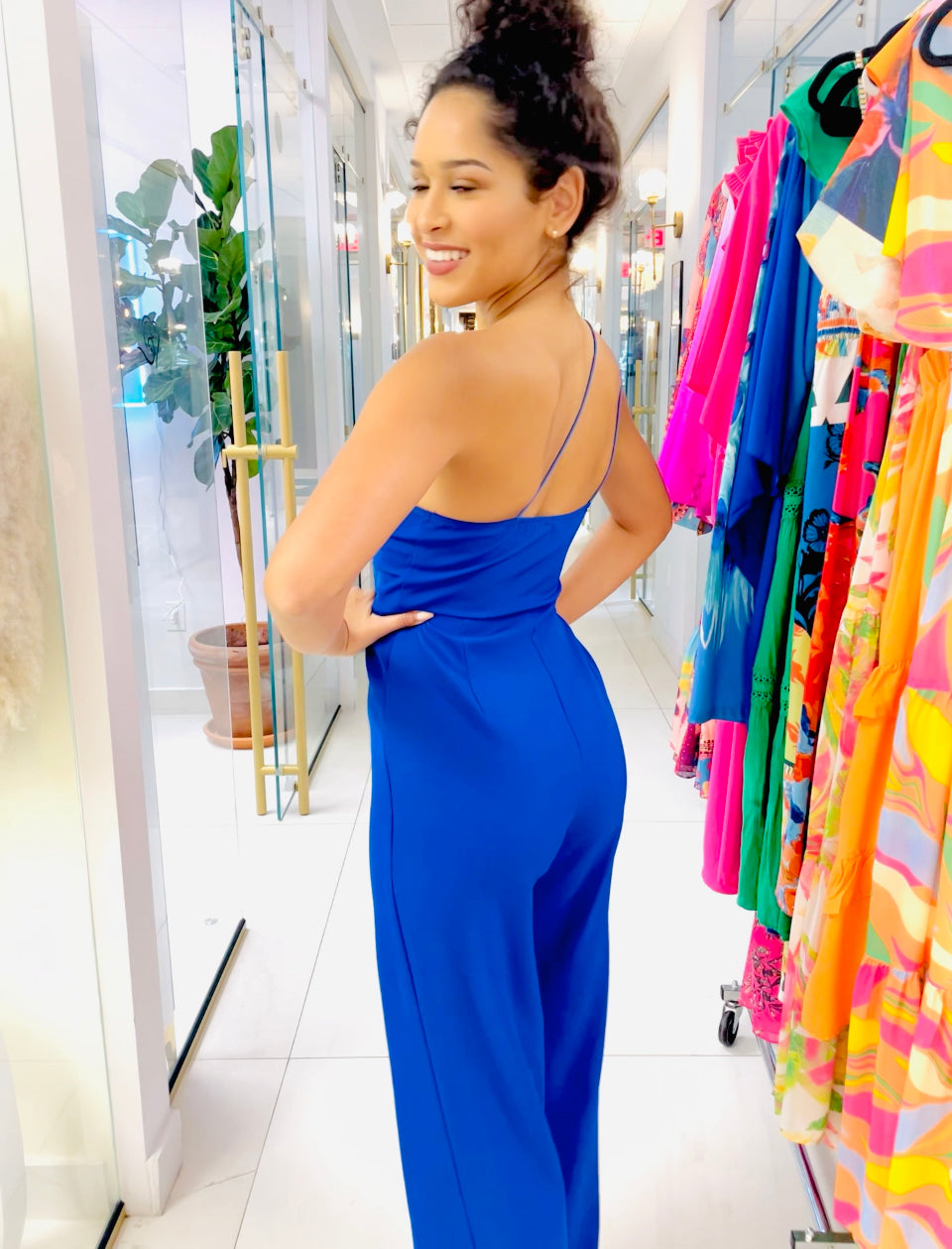 Abriana blue one shoulder jumpsuit