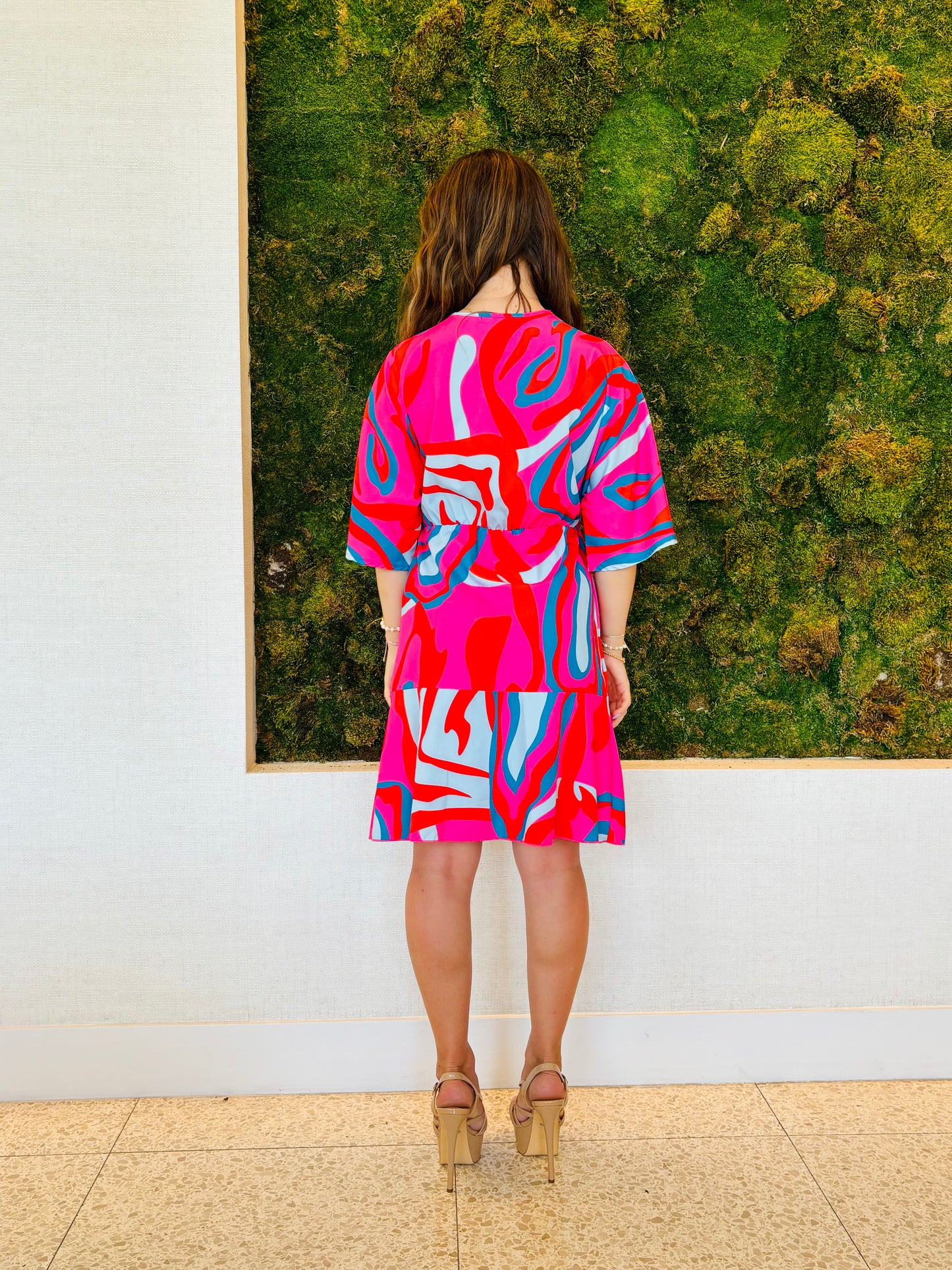 Gemma pink and red flowy faux wrap dress