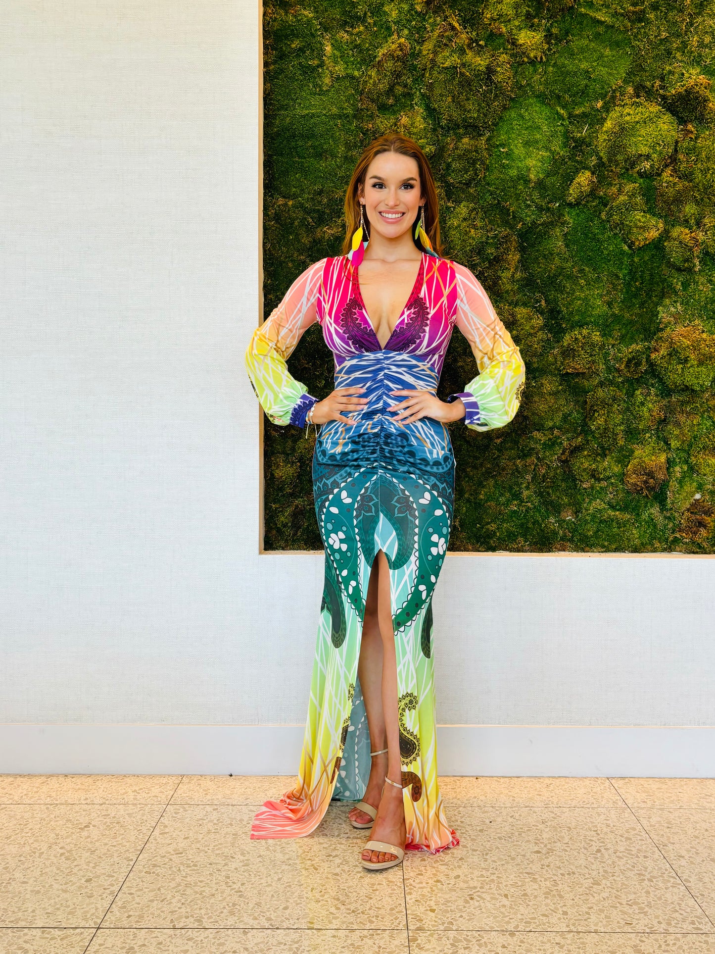 Giselle multi color body con dress with a train and a middle slit dress