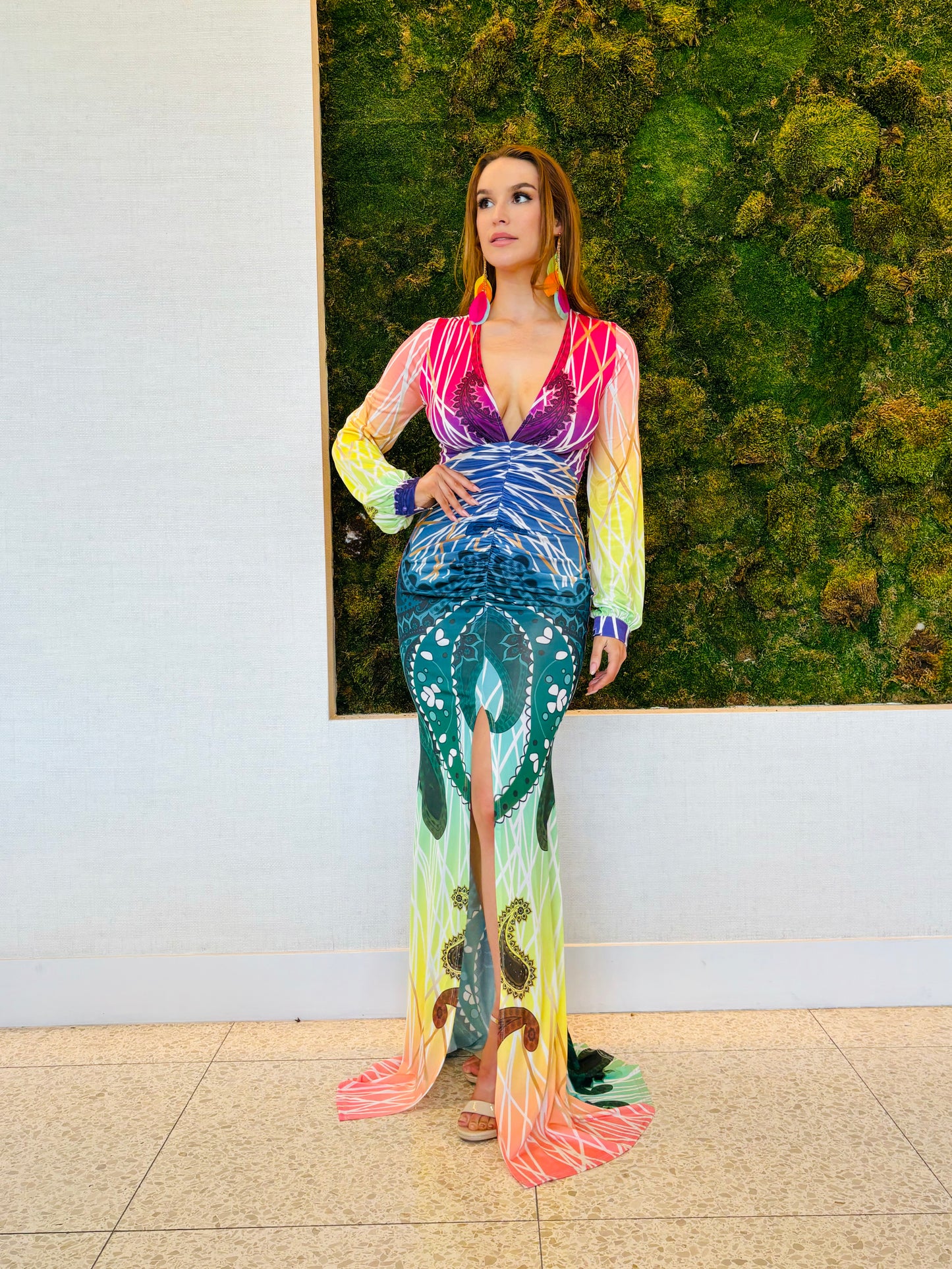 Giselle multi color body con dress with a train and a middle slit dress