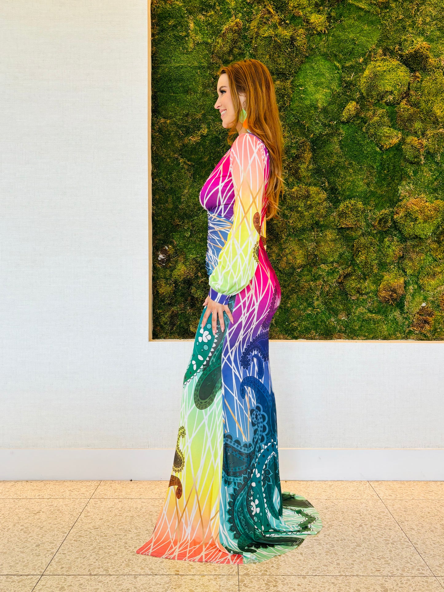 Giselle multi color body con dress with a train and a middle slit dress