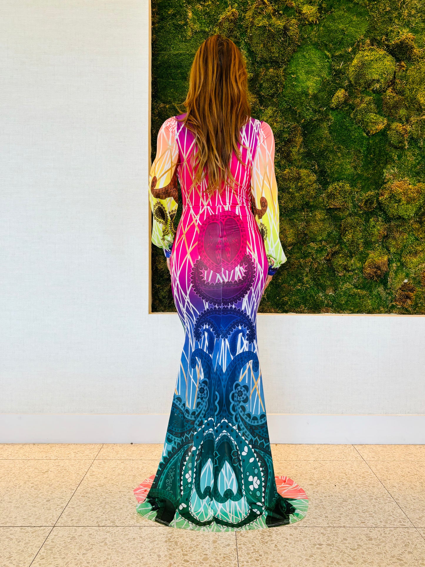 Giselle multi color body con dress with a train and a middle slit dress