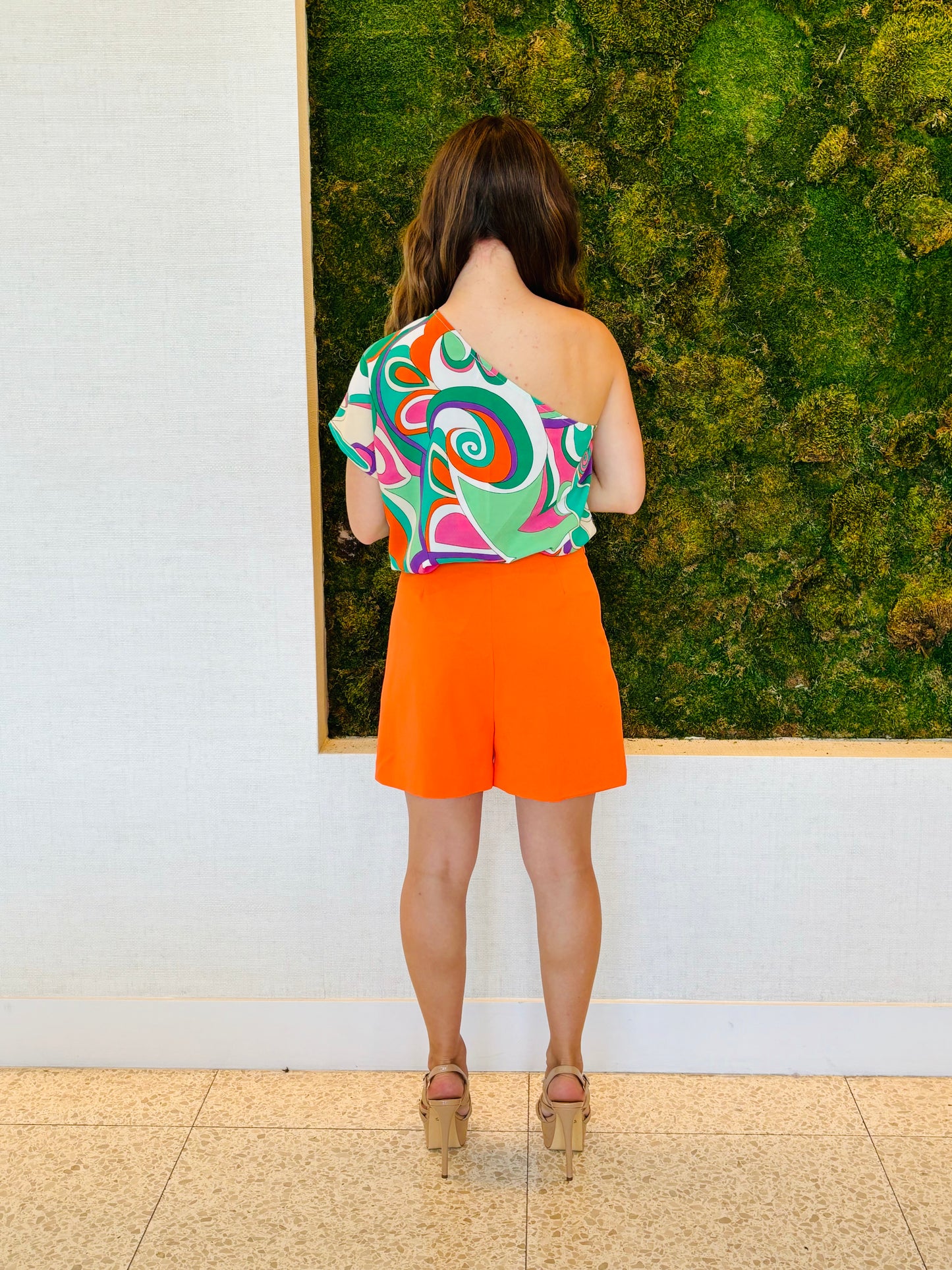 Jacey one shoulder green and orange blouse